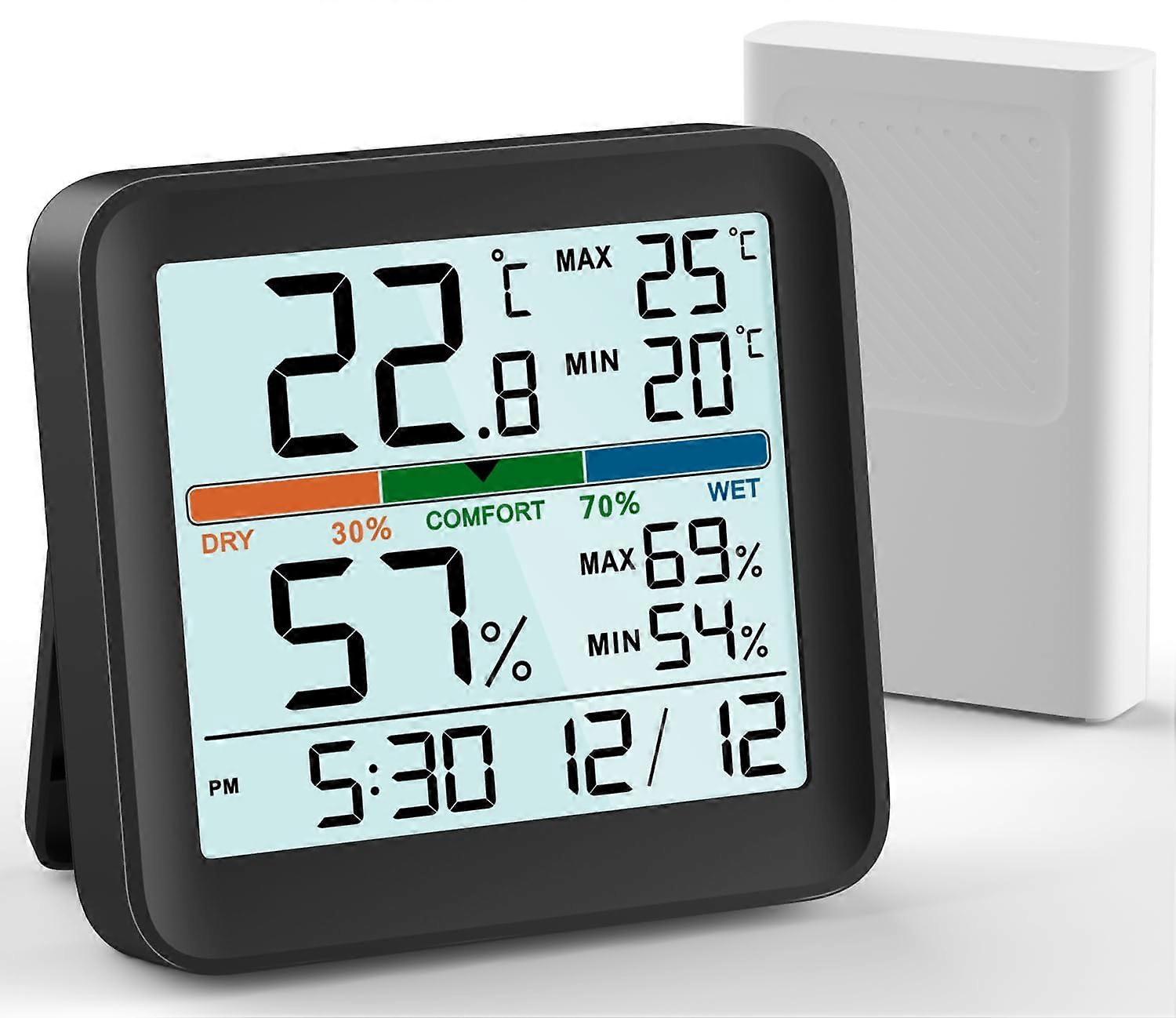 Indoor and Outdoor Thermometer Hygrometer Humidity Monitor Digital Temperature Meter Weather Stations with LCD Backlight Clock Date Black