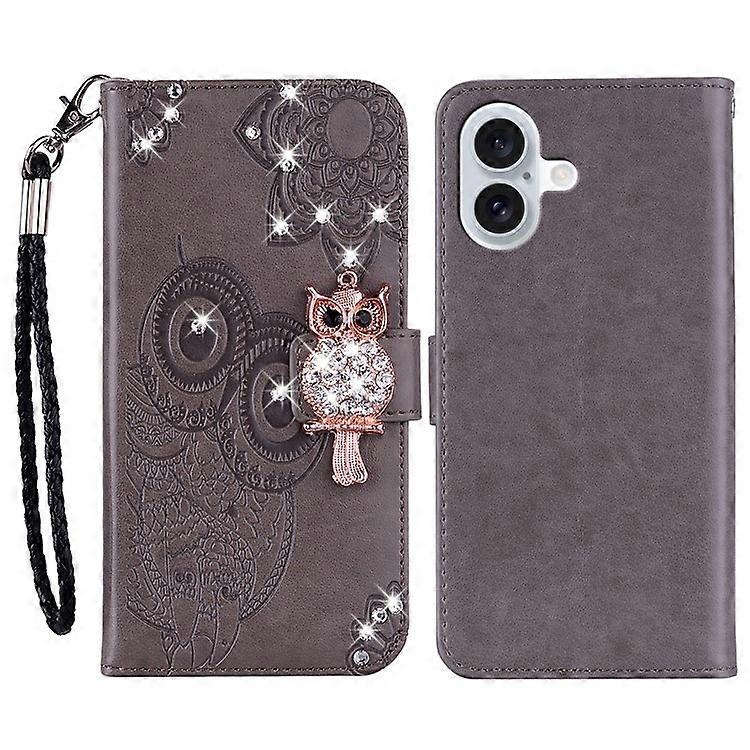 Compatible For iPhone 16 Wallet Case Owl Flower Imprinted Rhinestone Leather Cover