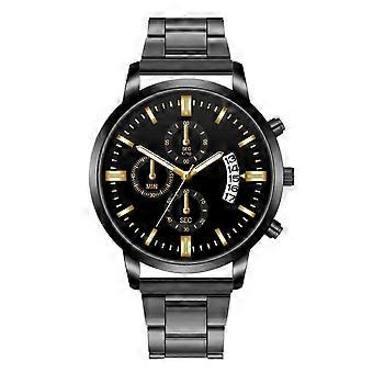 Men Quartz Calendar Watch Round Dial Steel Belt Wristwatch Black Gold