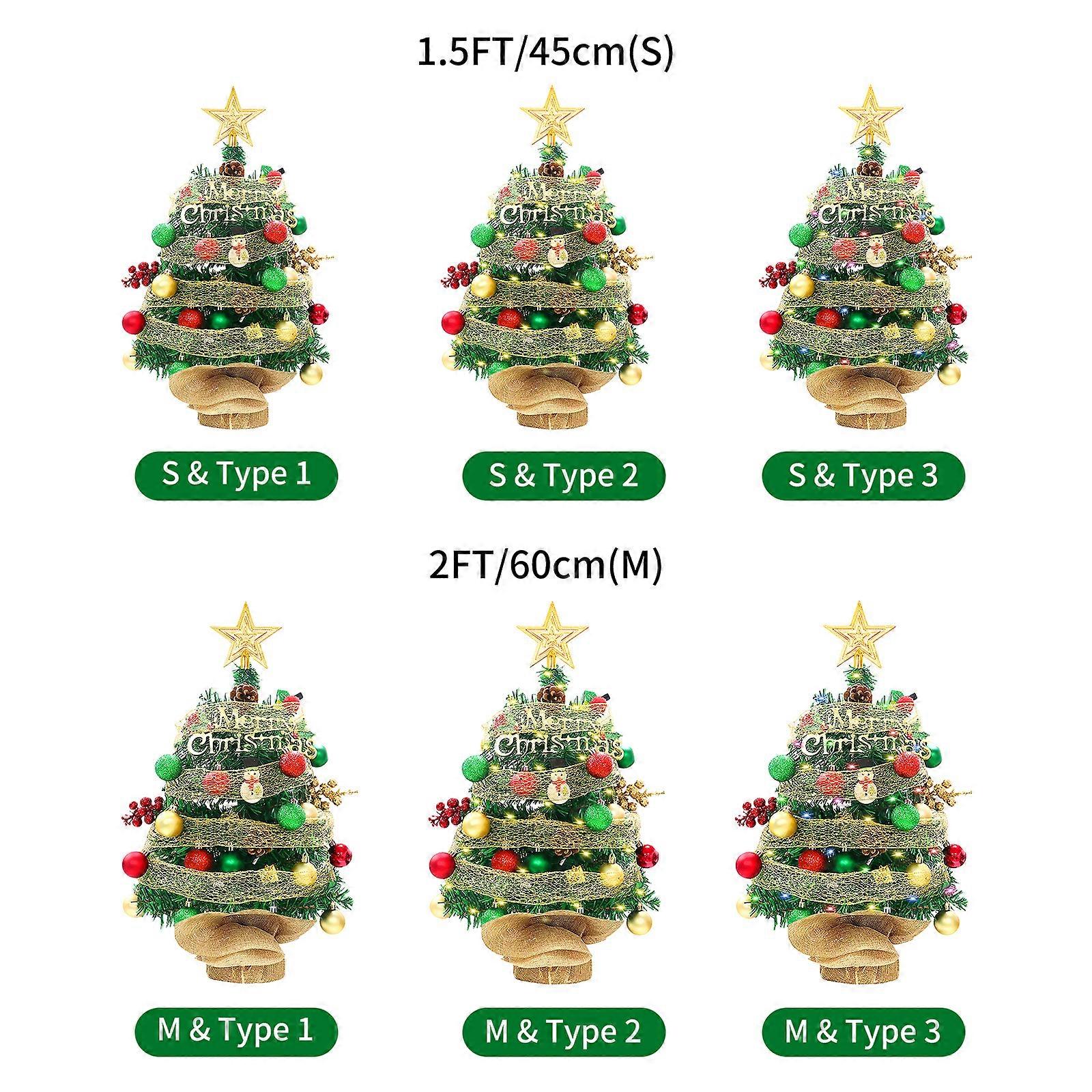 2FT Tabletop Christmas Tree with Top Star Red Green Balls Ribbon Mini Artificial Christmas Tree for Desk Classic Series Holiday Decoration