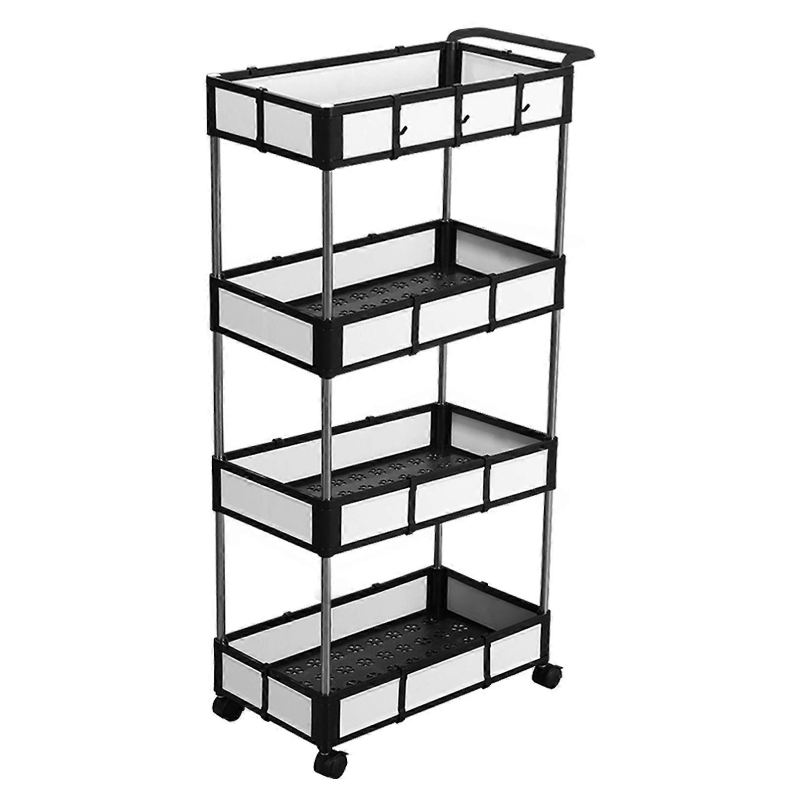 4-Layer Multifunctional Rolling Utility Cart with Detachable Baskets 4 Hooks Storage Cart with Handle Lockable Casters for Kitchen Office Bathroom Bl