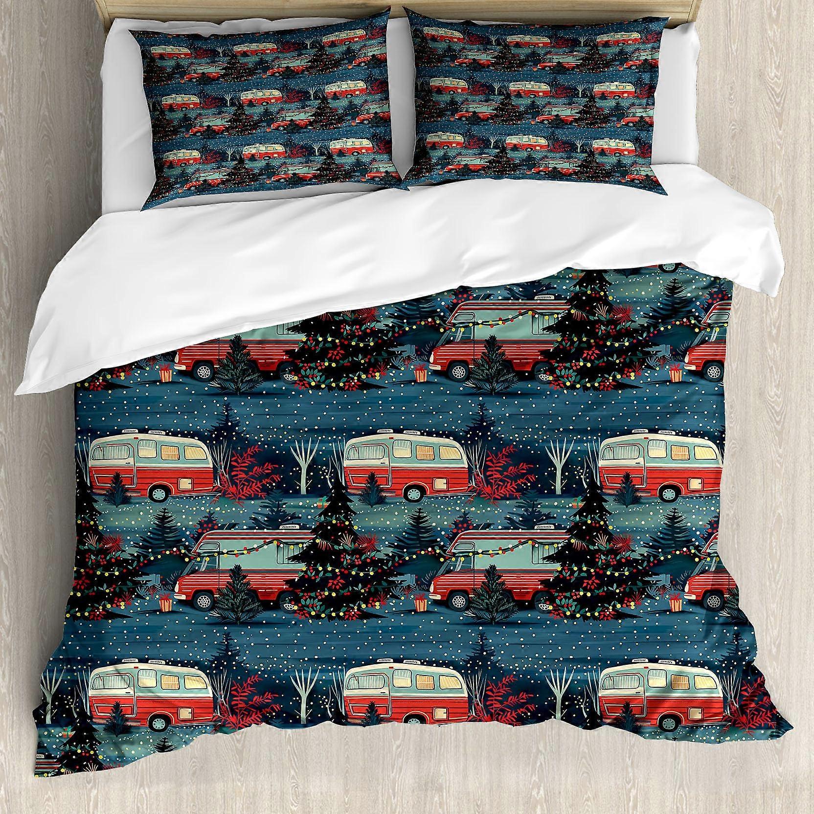 Christmas Duvet Cover Set, Vintage Trailer in a Forest with a Xmas Tree Illustration Print