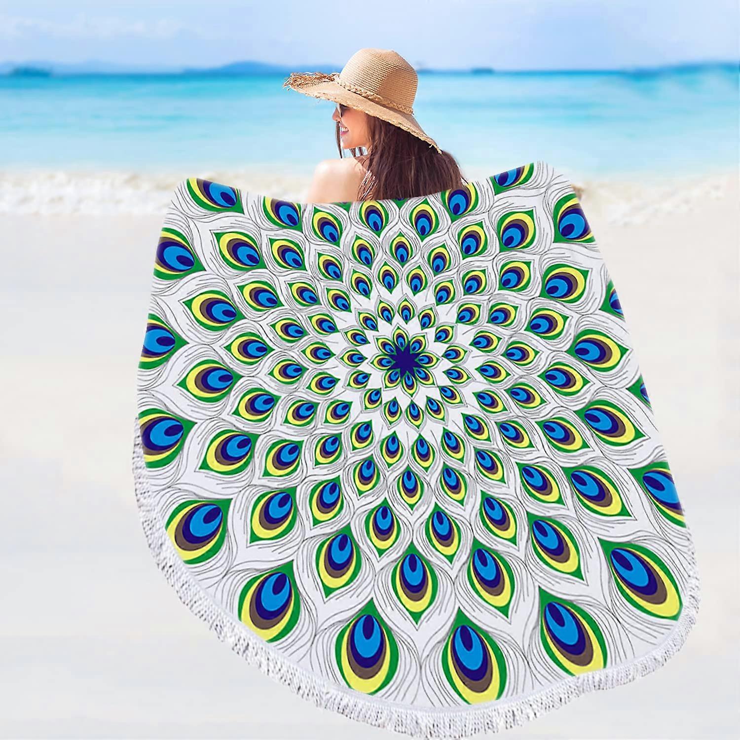 Blue Green Mandala Round Beach Towels 60 Inch Oversized Boho Throw Blanket with Fringe for Yoga, Picnics, and Pools