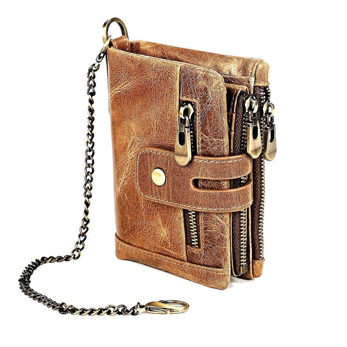 Chain Wallet for Men Leather Bifold Wallets Rfid Blocking Men Purse Double Zipper Coin Pocket with AntiTheft Chain