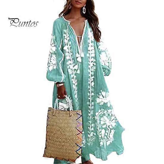 Sommar Kvinnor Klänning Djup V-hals Tofs Långärmad Retro Bohemisk stil Överdimensionerad A-linje Flödande Hem Blommig Tryck Semester Strand Maxi Klänning
