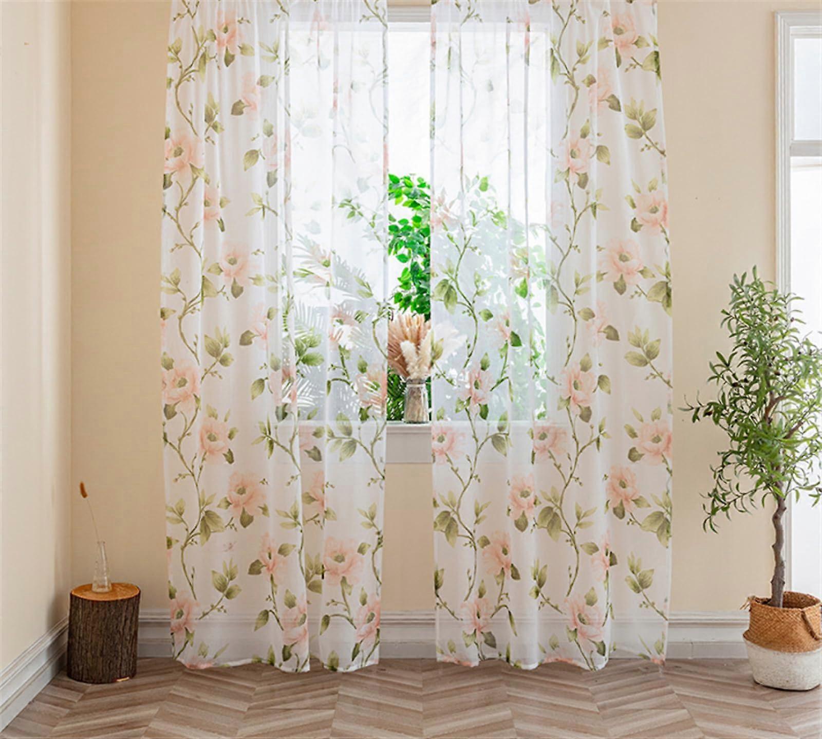 Voile Curtains Set of 2, Semi-Transparent Pink Flower Gauze Fabric with Eyelets, Breathable Decorative Curtains 132x183 cm