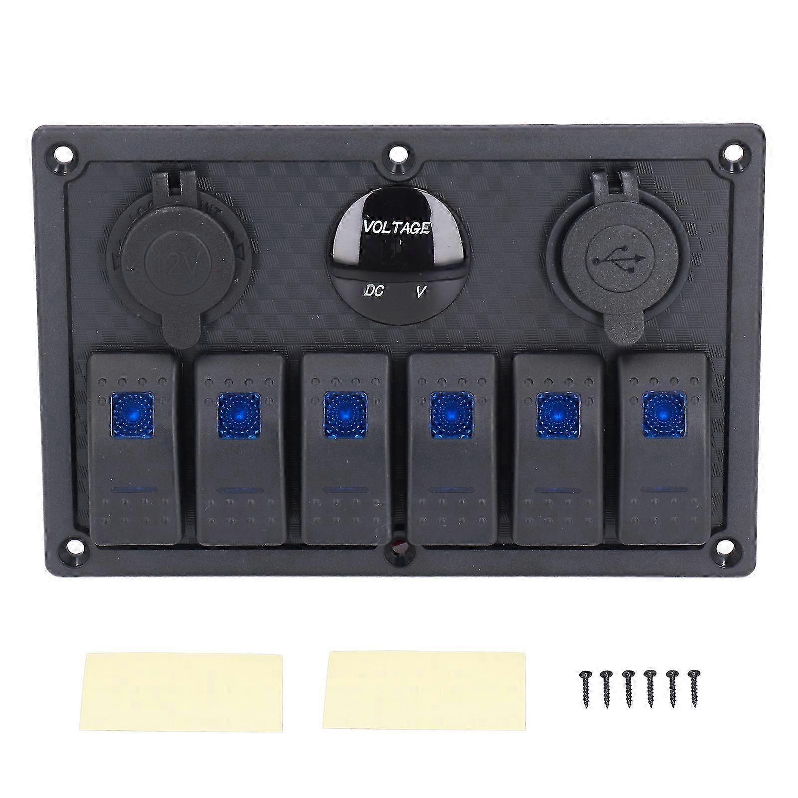 6 Gang Rocker Switch Panel with LED Digital Voltmeter and Waterproof USB Ports for 12V/24V Vehicles