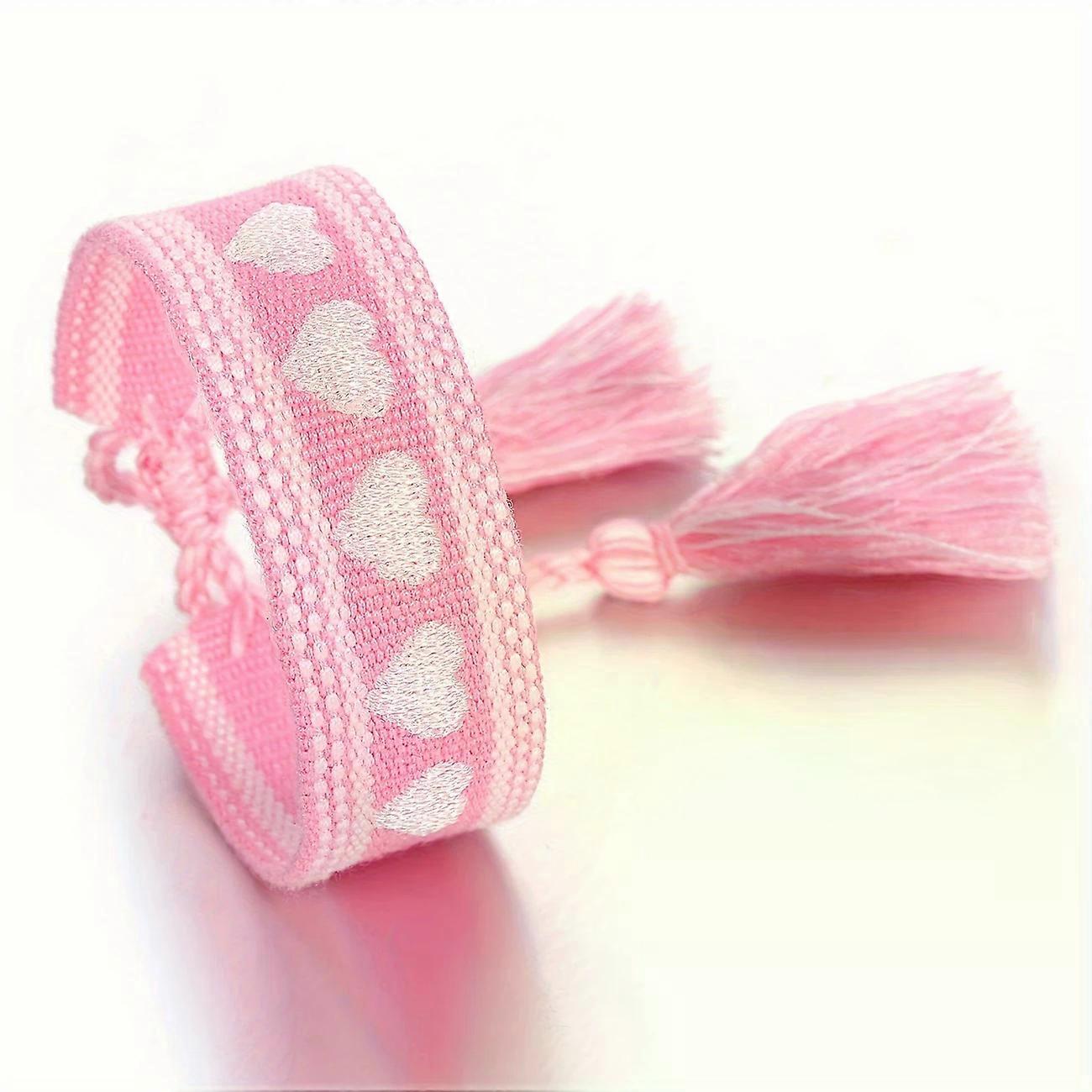 1 قطعة أنيقة بوهو أنيقة اليدوية مطرزة الحب القلب شرابة سوار | ملحق منسوج باللون الأحمر والكريمي قابل للتعديل مع قلوب احتفالية