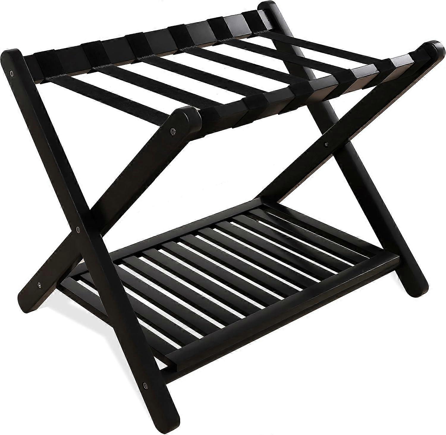 AURA Luggage Rack, Foldable Bamboo Suitcase Stand with Storage Shelf for Guest Room, Bedroom, Hotel, Heavy-Duty (Black)