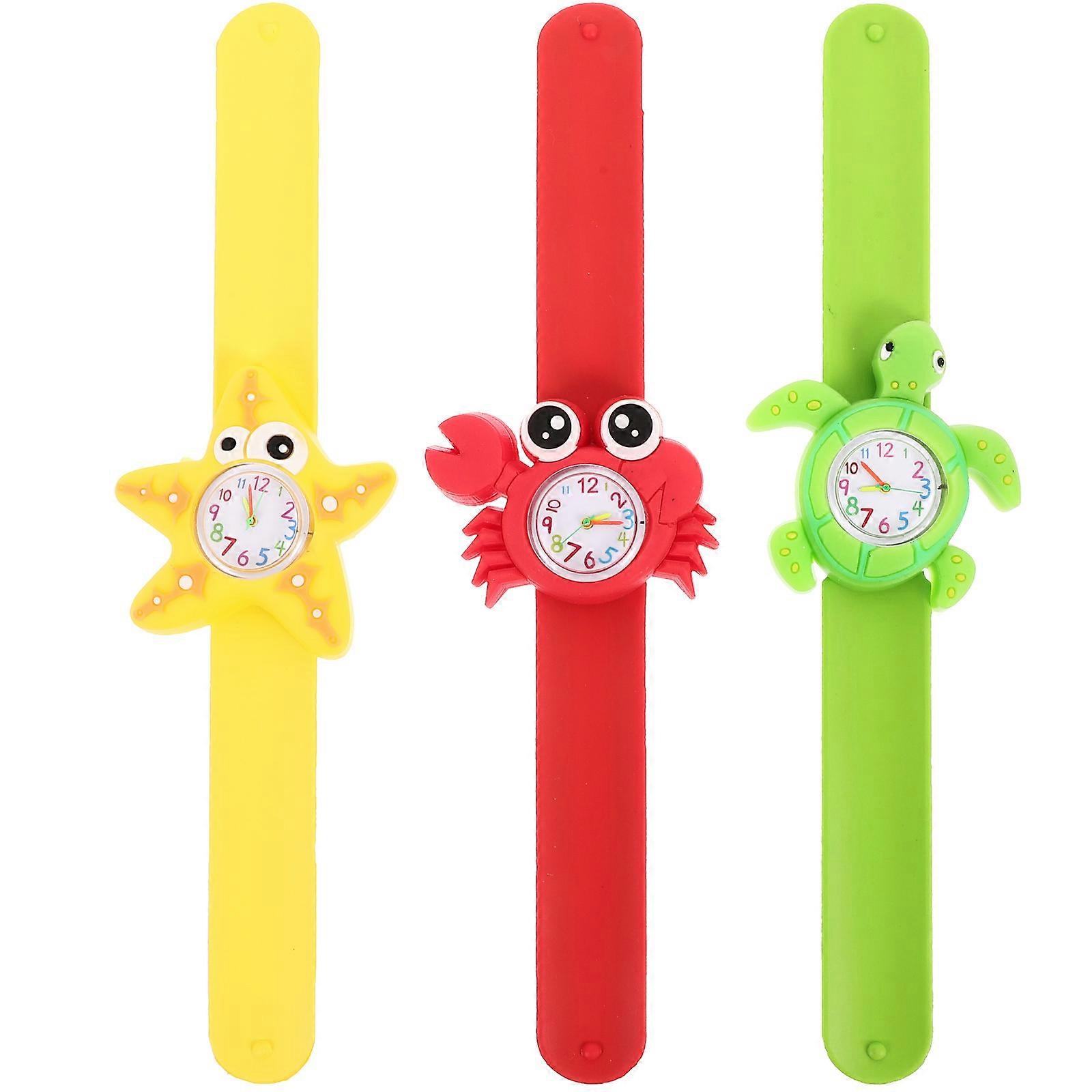 3pcs Slap Watch Set Adorable Cartoon Wrist Watches with Soft Bands, Crab and Turtle Designs