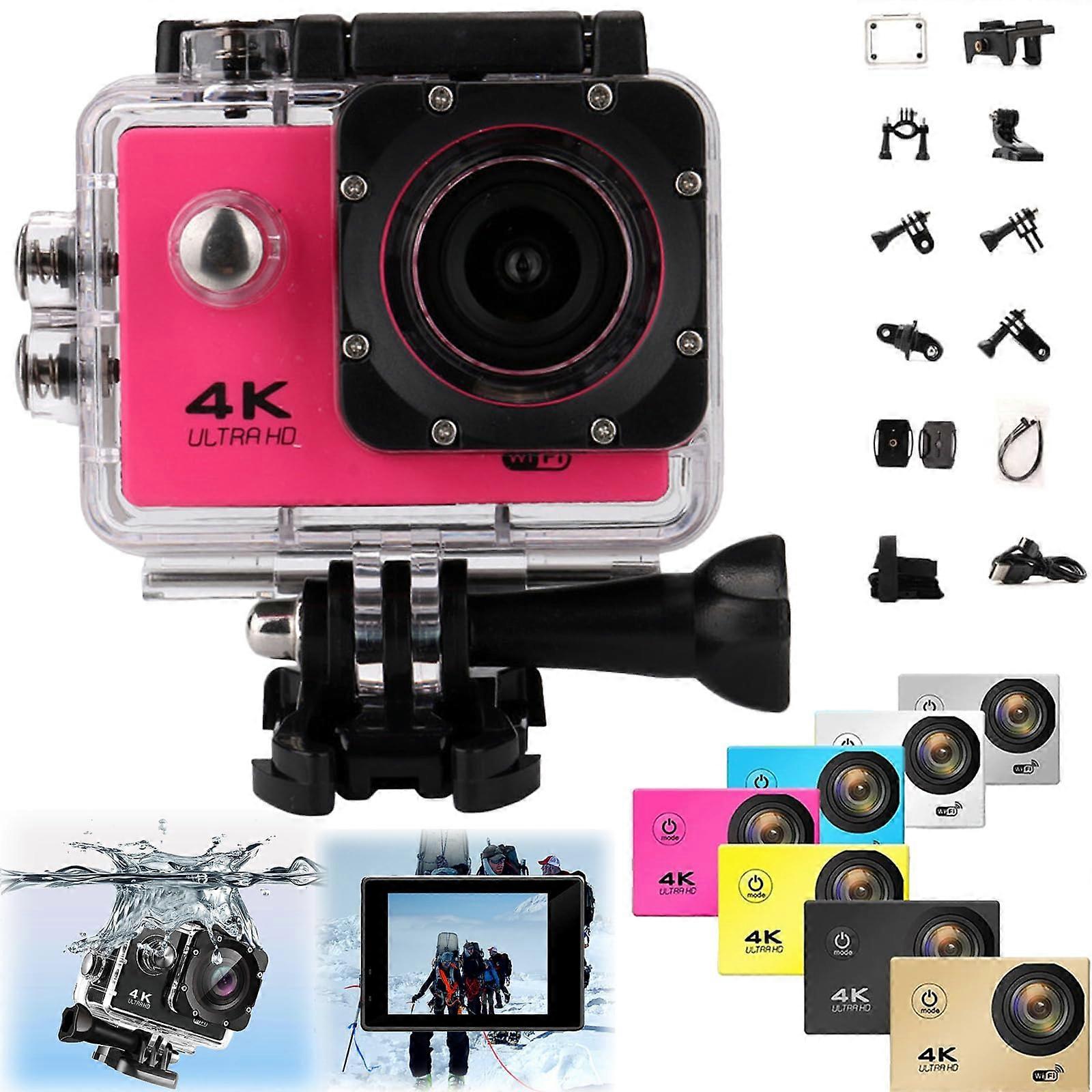 4K Action Camera with Wi-Fi, 140° Wide-Angle Lens, Waterproof Design, Pink, 8g