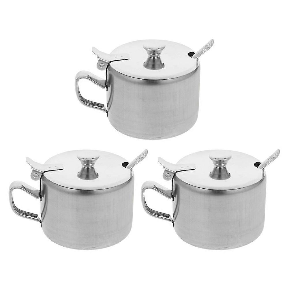 蓋とスプーン付きの3ピースステンレススチールキャンディーボウル、砂糖、塩、調味料用のスパイス容器、キッチンやダイニング用の持ち運びが簡単なハンドル