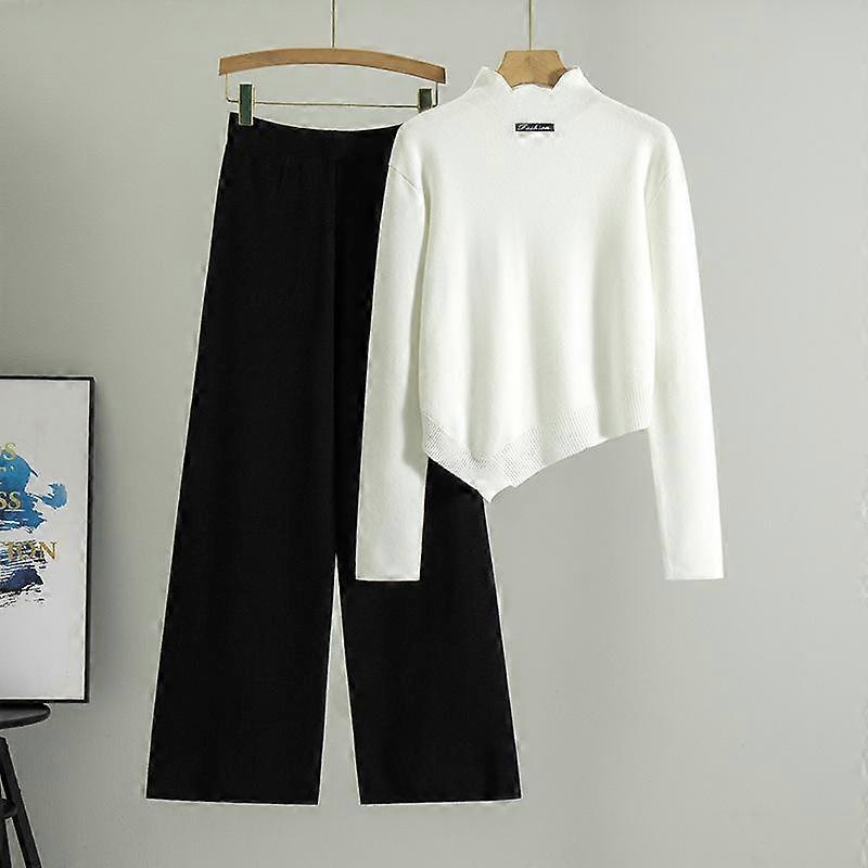 Spring Women's New Fashion Knit Irregular Turtleneck Sweater Casual Wide Leg Pants Two Piece Set