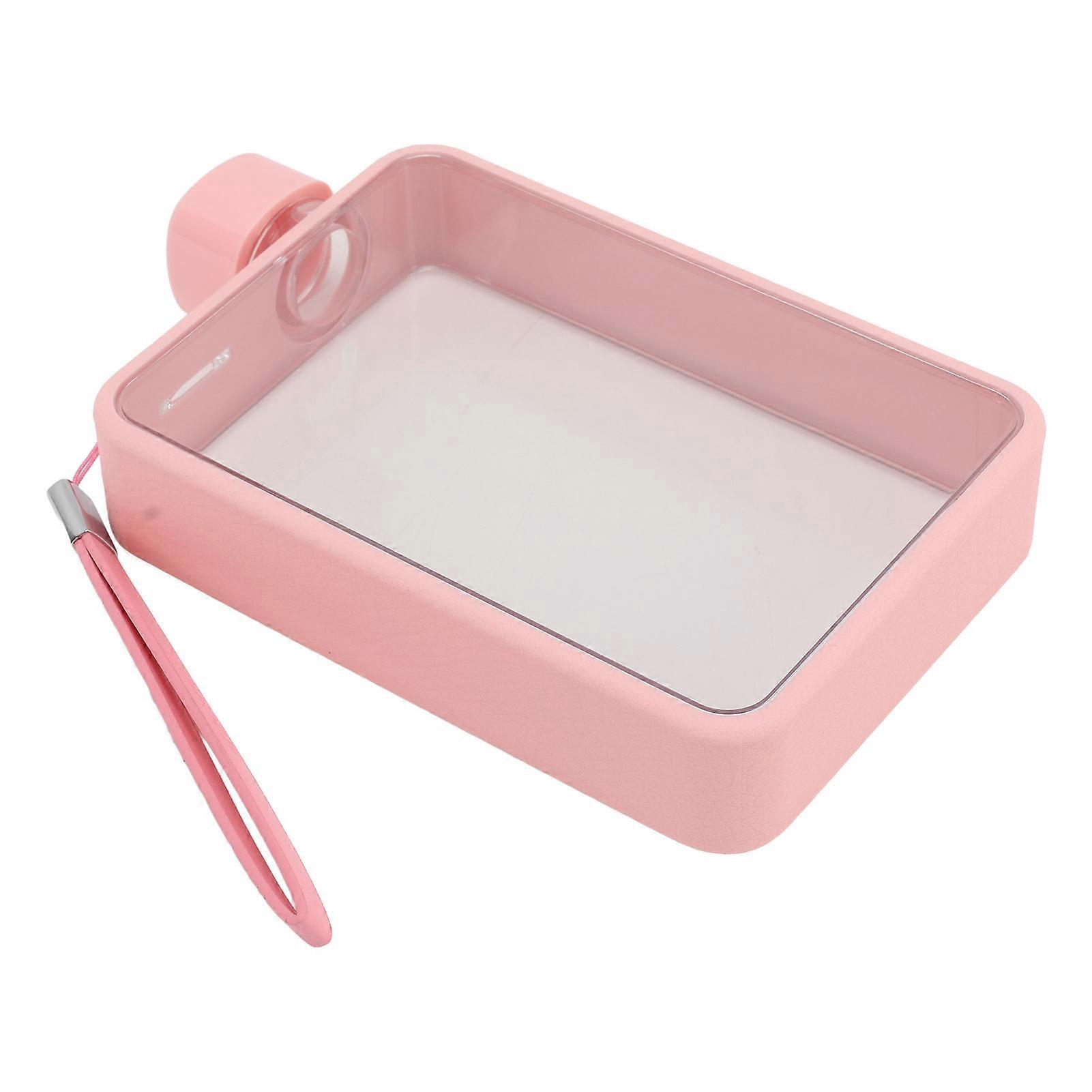 Flat Water Bottle Plastic Leakage Proof Transparent Square Portable A5 Paper Water Bottle 380ml Pink 