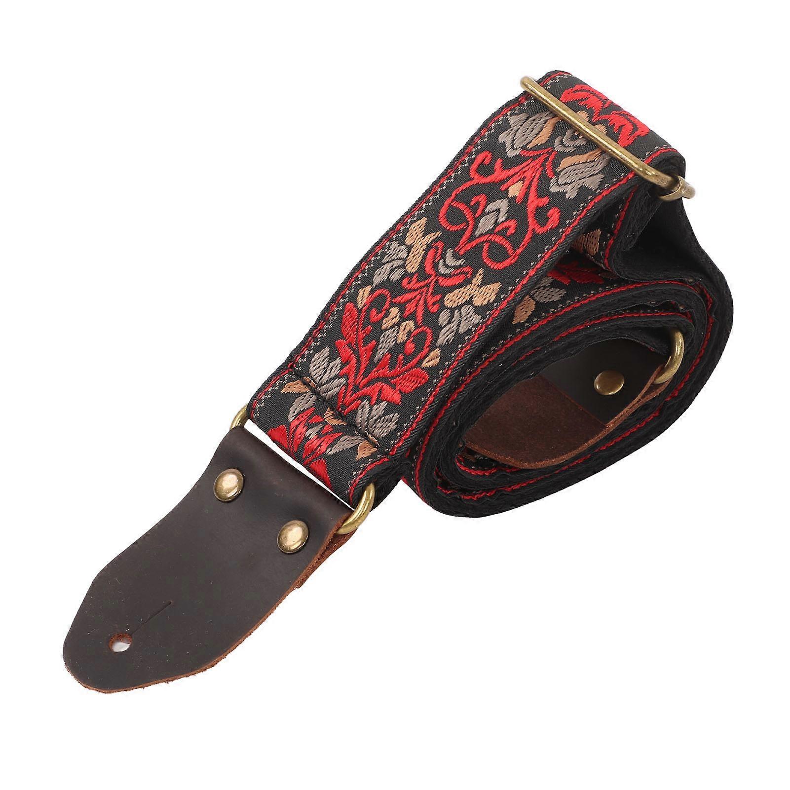 Vintage Floral Pattern Black Guitar Strap Leather Head Nylon