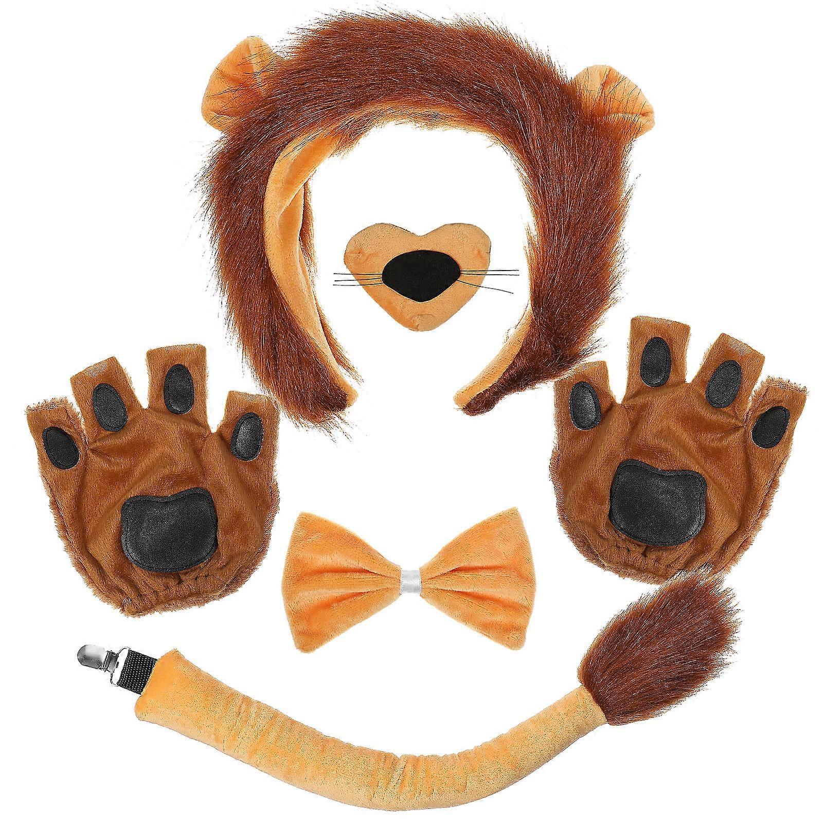 Lion Costume Set with Paws Gloves Tail and Bowknot for Party Use Multi Color Fabric