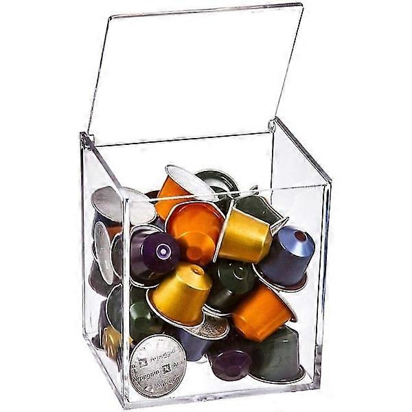 13*13*13cm, Transparent Acrylic Capsule Coffee Box, Square Flip Lid Desktop Dustproof Storage Box