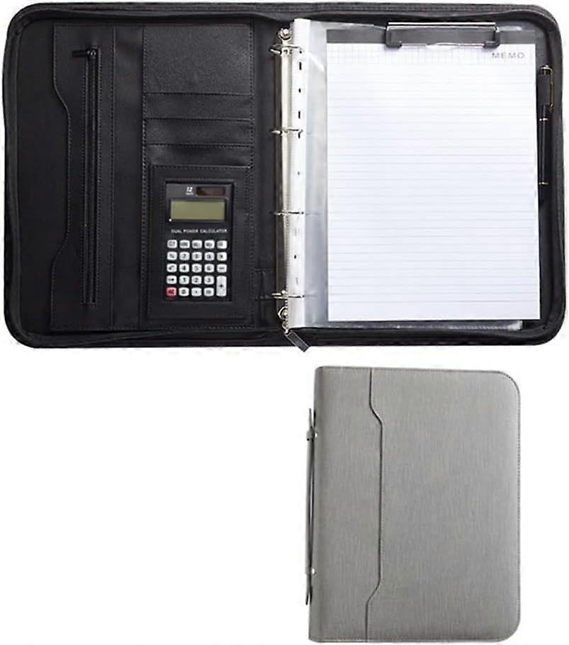 Conference Folder A4 Document Bag with Zipper, PU Leather Clipboard, Brown Portable Writing Pad with Handle, Light Gray Calculator