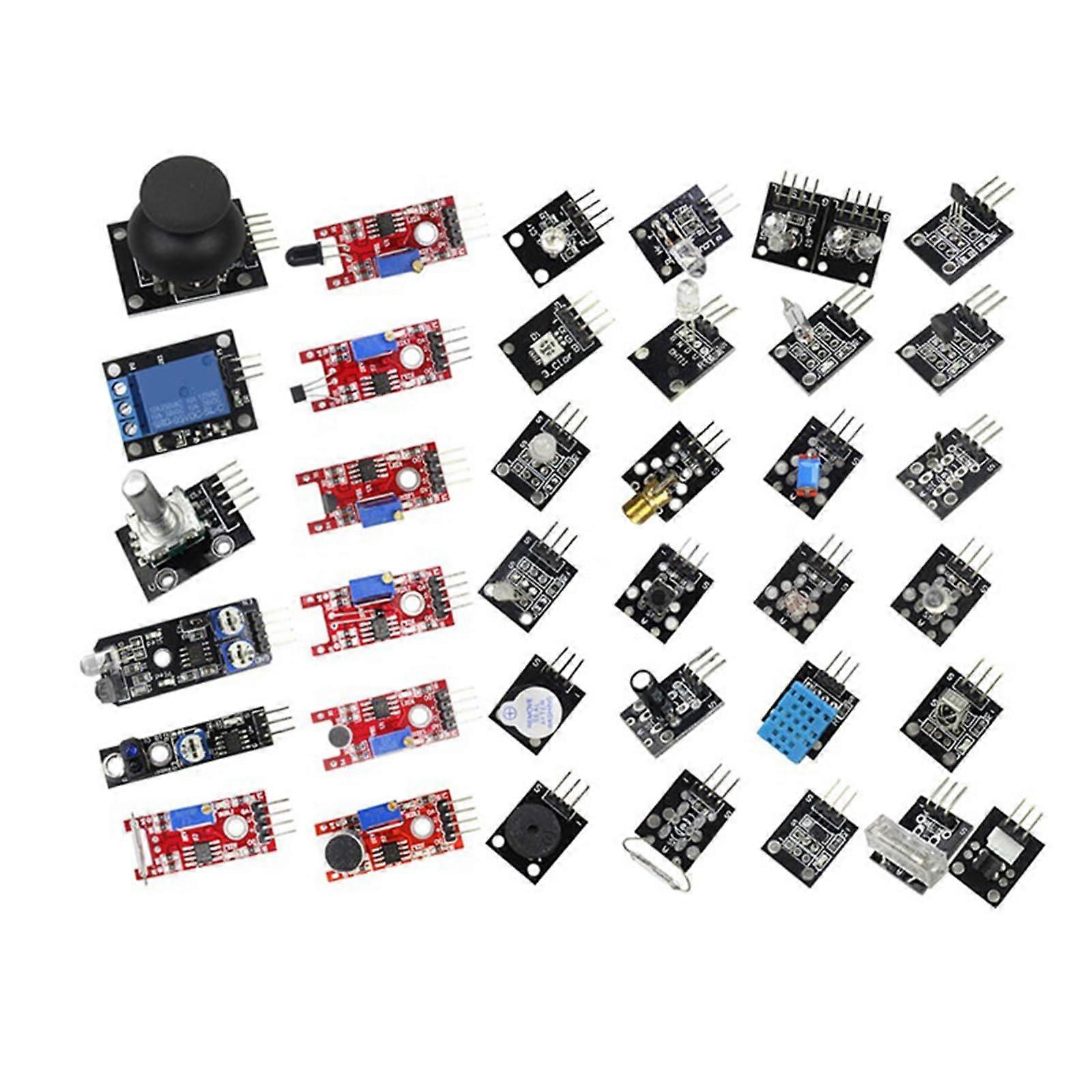 Complete 37piece sensor set for projects, including obstacle avoidance, buzzer, temperature module board, and photoelectric switch module.