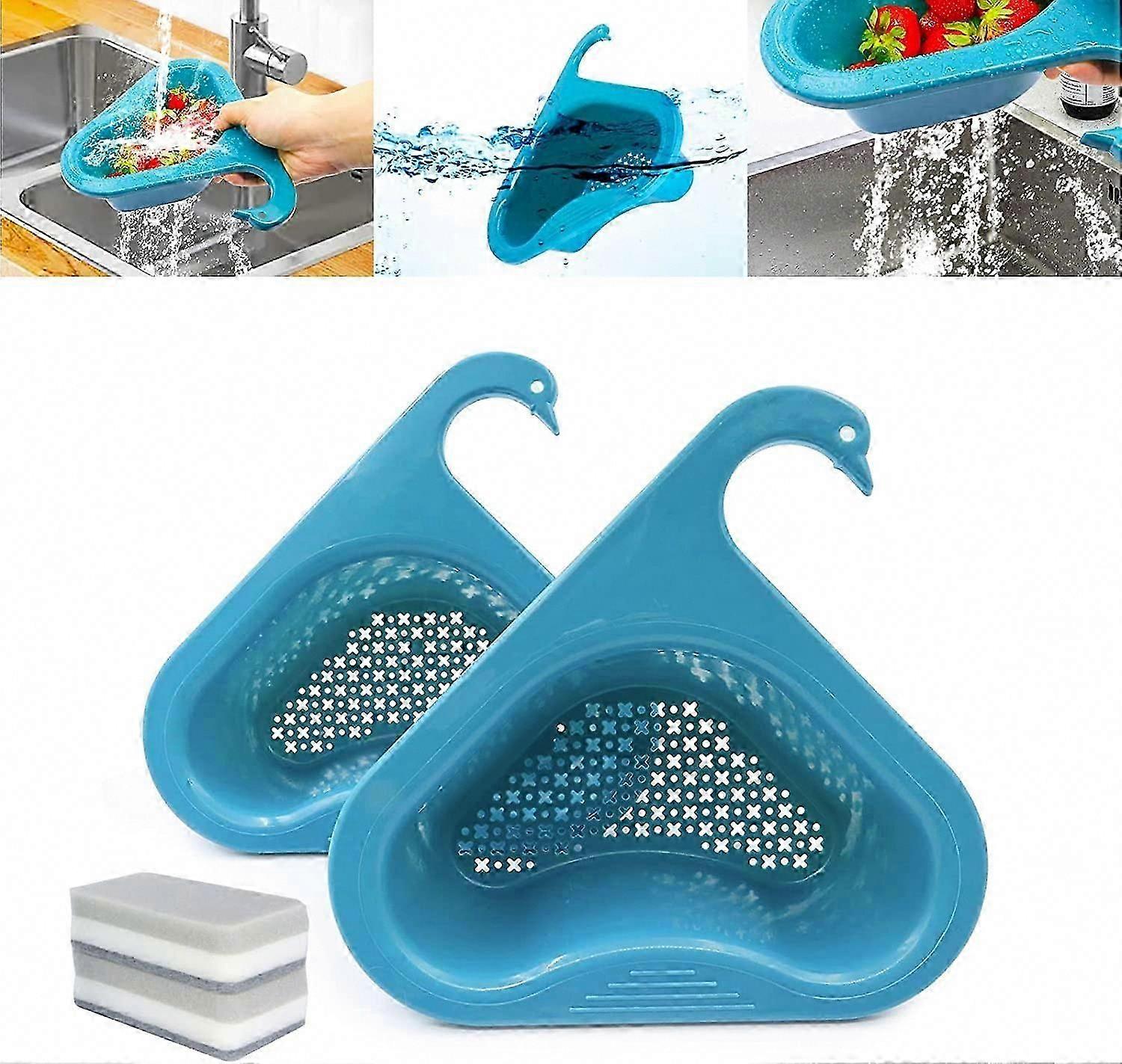 Triangle Sink Drain Basket for Kitchen, Multifunctional Corner Sink Filter Rack Fits All Sinks (Blue, 2-Pack)