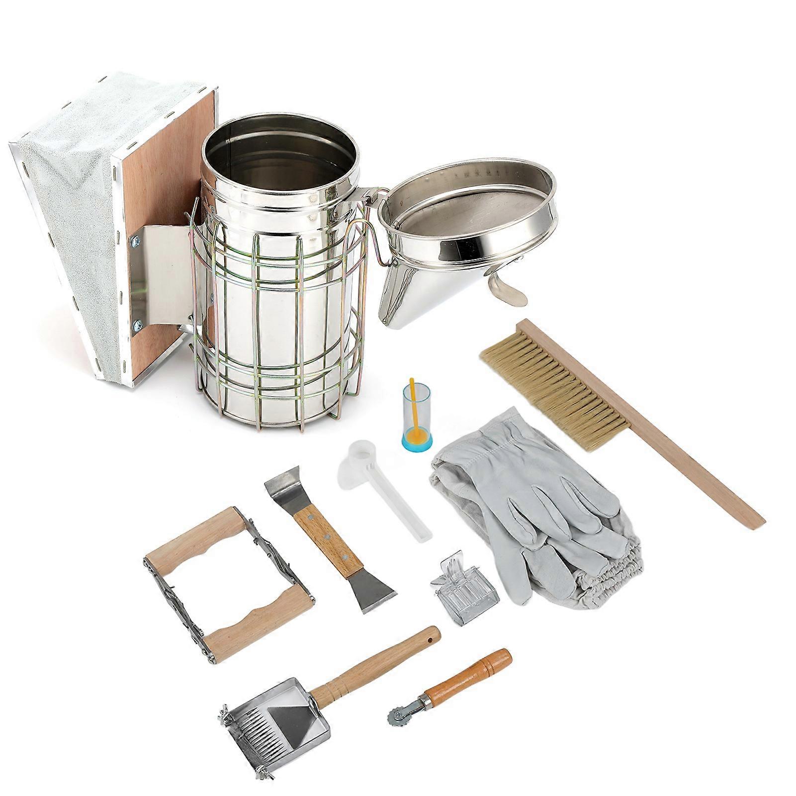 10Pcs Beekeeping Kit with Smoker 28x18cm Frame Grip Tools Set