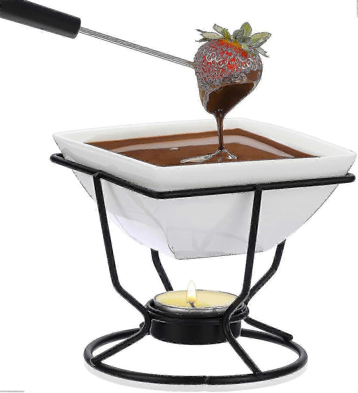 White Ceramic Chocolate Fondue Pot Set Cheese Ice Cream Warmer, 300...