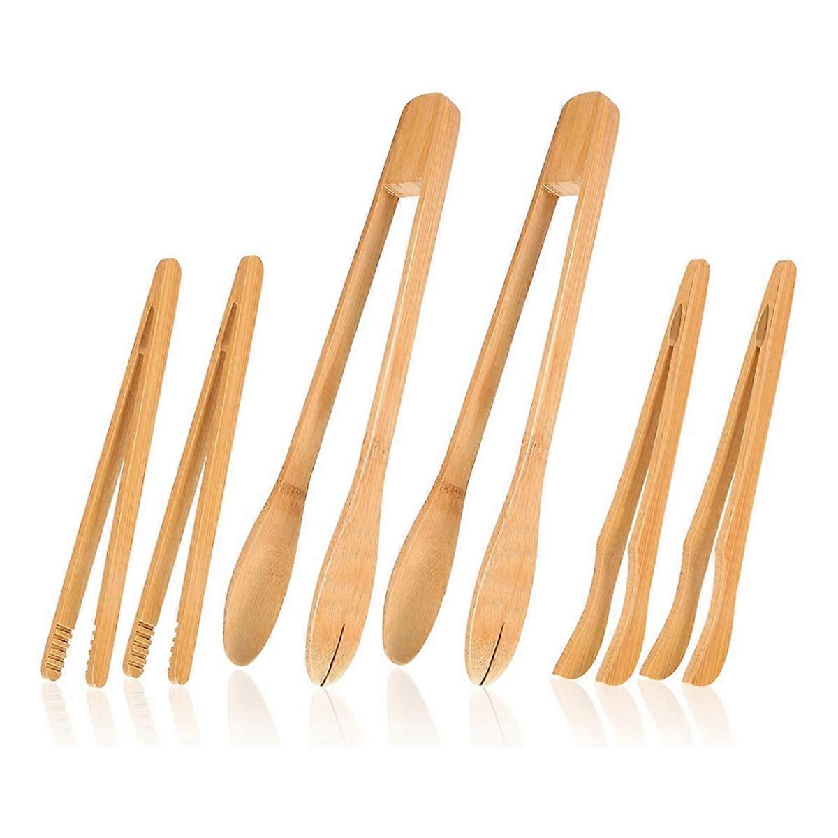 6 Pcs Bamboo Utensils for Cooking Wooden Toaster Tongs Long Kitchen Cooking Salad Tongs for Picking Up Cheese Bacon