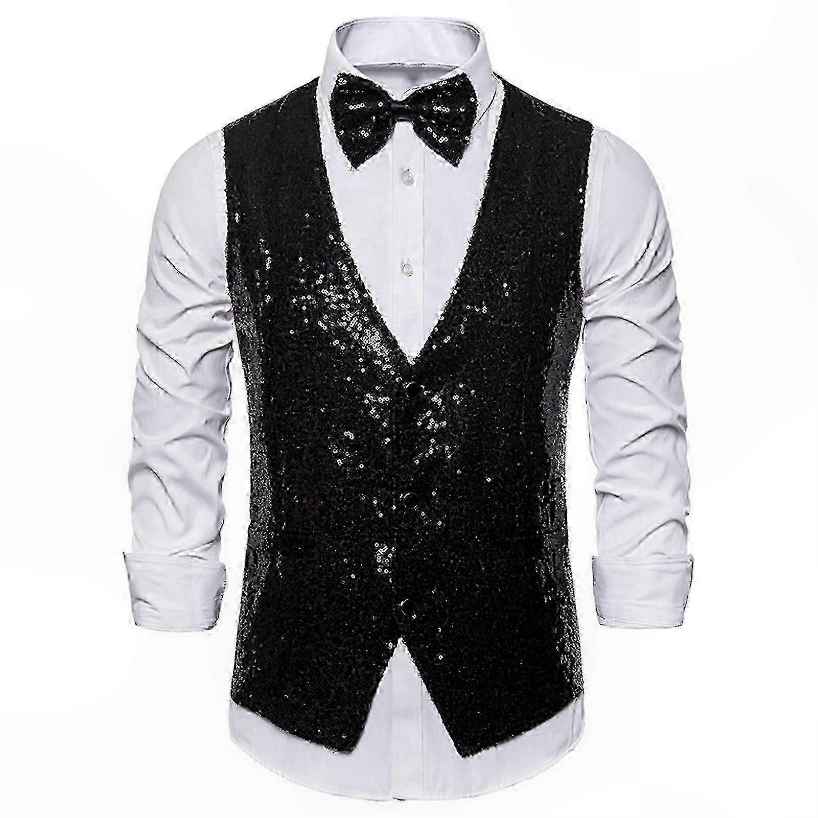 Slim Fit Sequin Bow Tie Vest Set Sleeveless V-Neck Cardigan for Stage Performance and Emcee Events