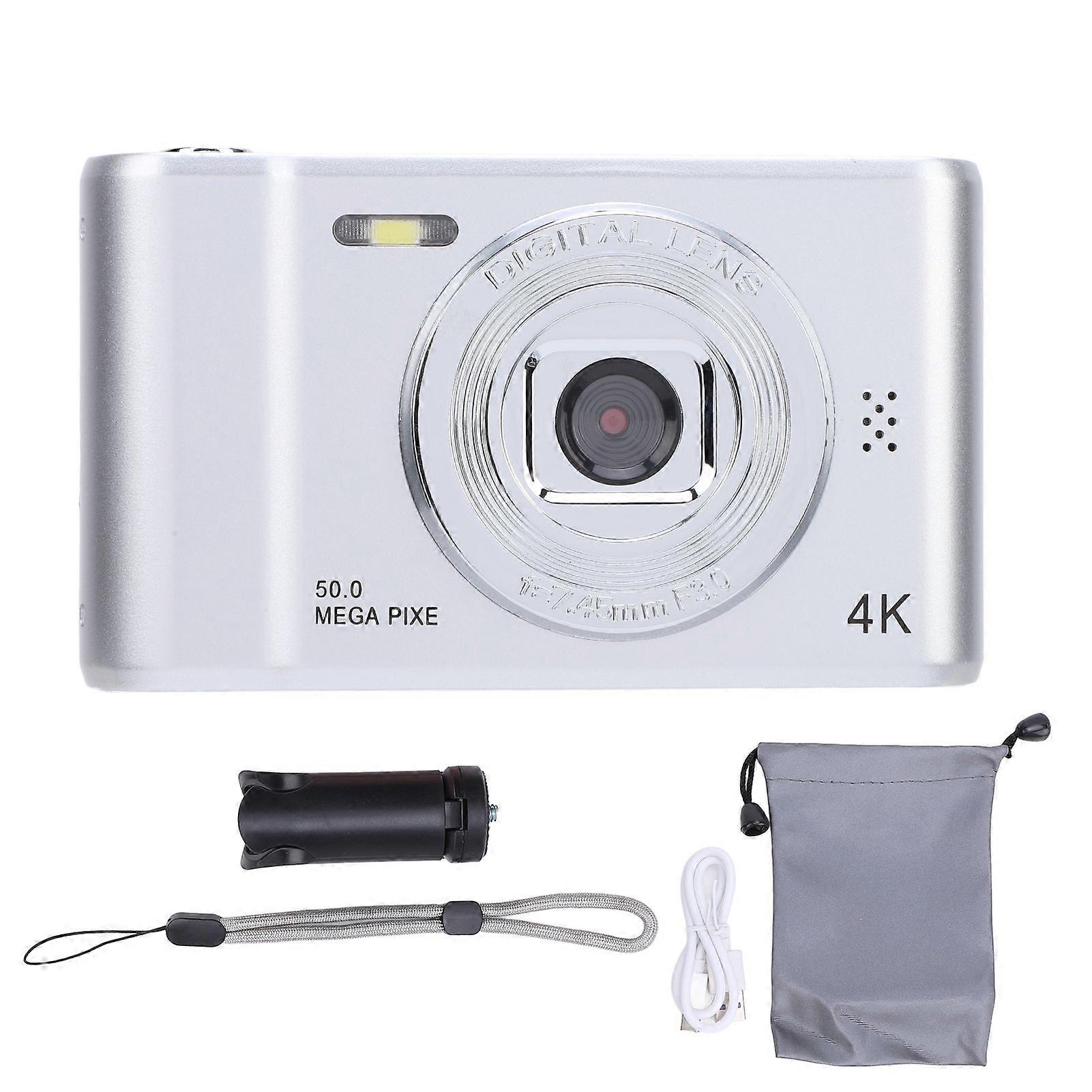 Digital Camera 50MP Dual Lens Self Adaptive Anti Shaking 2.4 Inch Screen Portable Compact Camera for Kids Students Vlog Silver