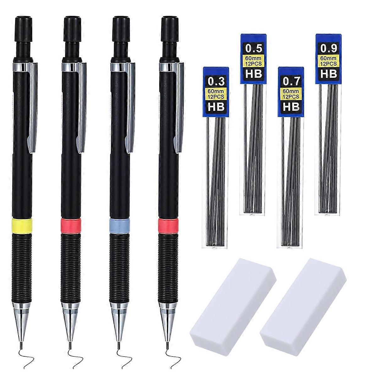 4Pcs Mechanical Pencil Set with 52 HB Refills(0.3, 0.5, 0.7, 0.9 mm)