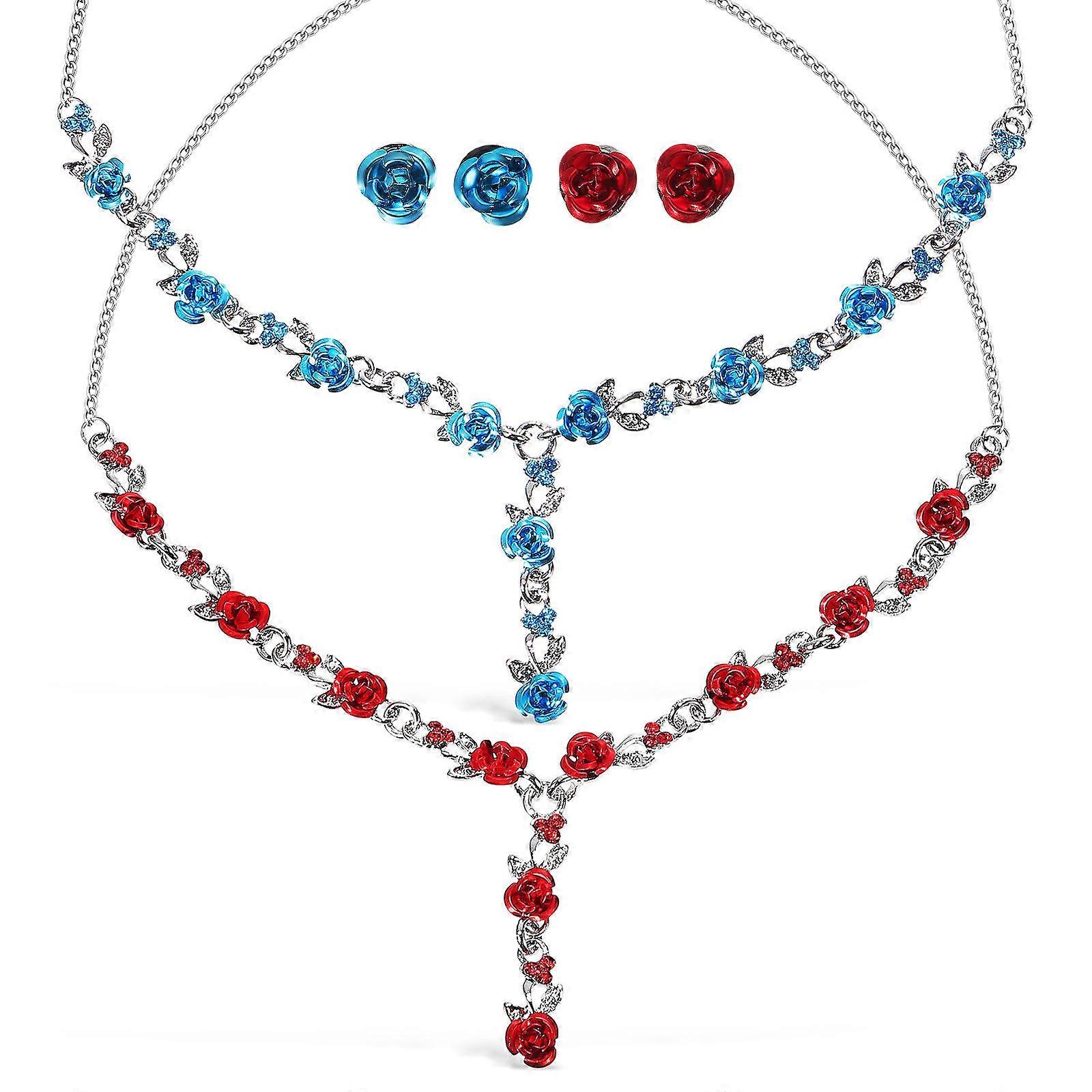 Conjunto de 2 colares e brincos com pingente de flor de rosa elegante