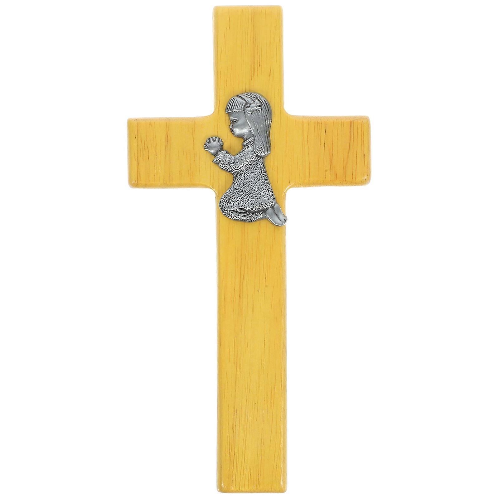 Wooden Wall Cross Decorative Crosses Beautiful Girl Statue Perfect For Christian Users 1Set
