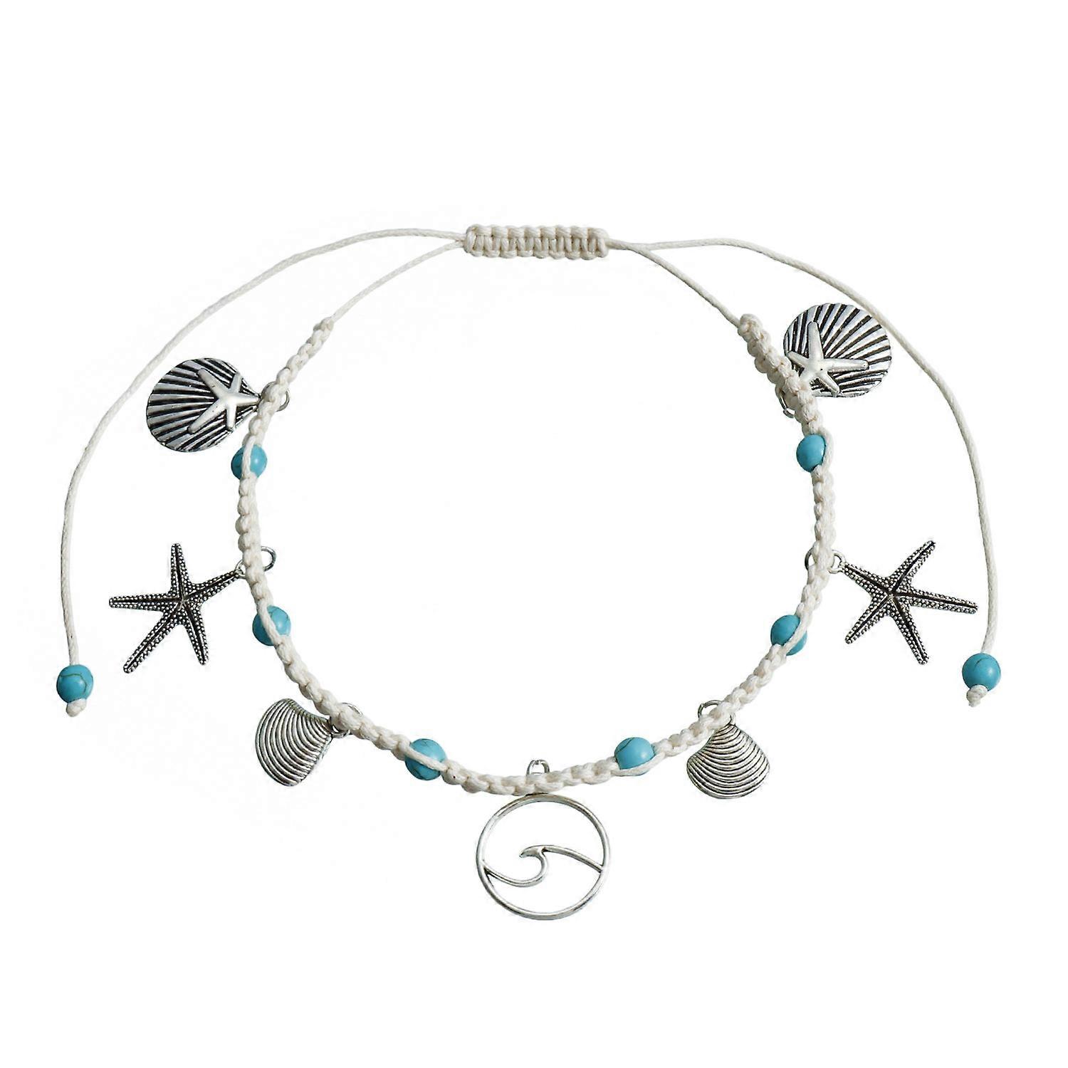 Women's Beach Anklet, Cord Style with Starfish Wave Pattern Shell Pendant Inlaid Turquoise