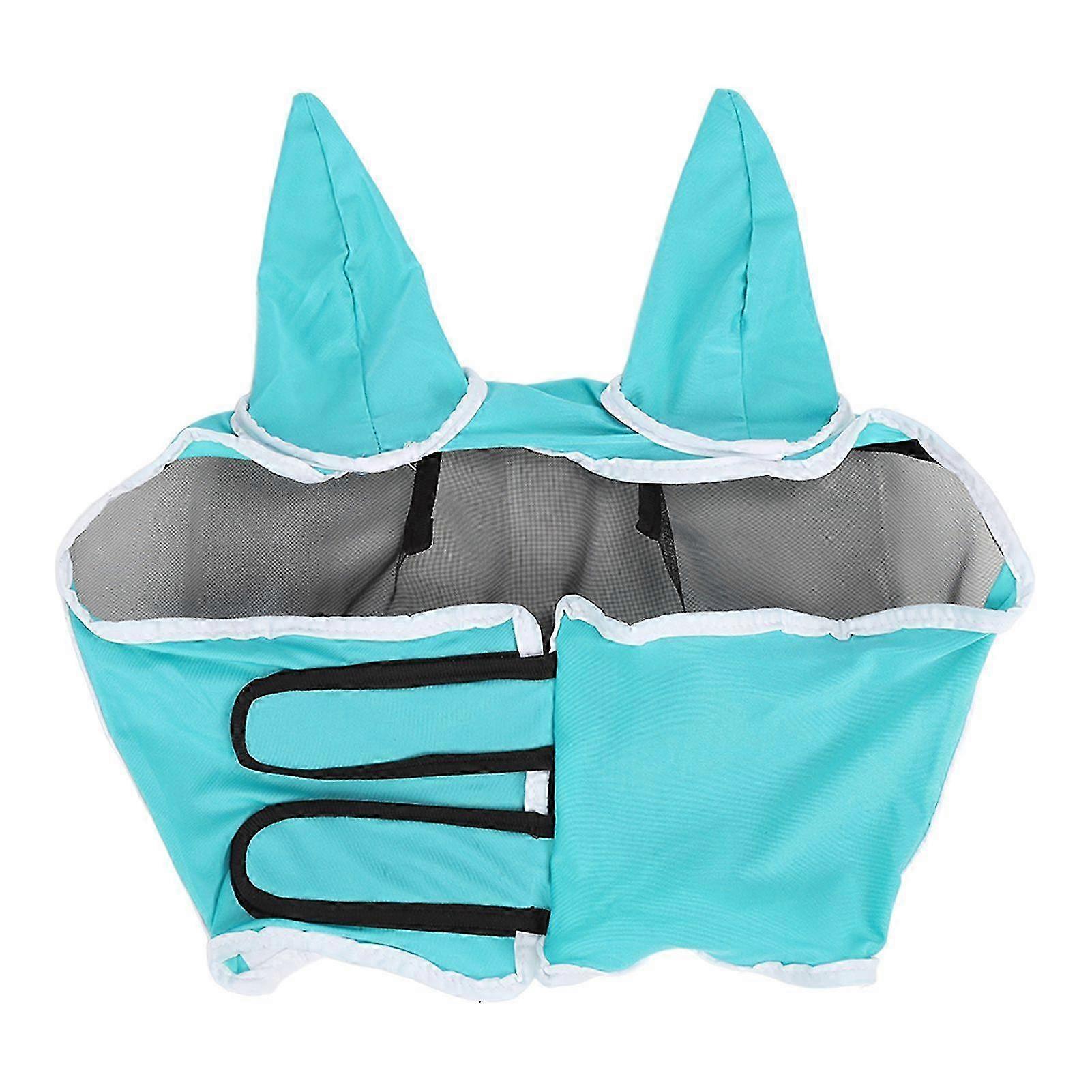 25-26 Horse Face Cover Detachable UV Protection Breathable Polyester Horse Fly Mask with Hook and Loop for Face and Ears Blue L