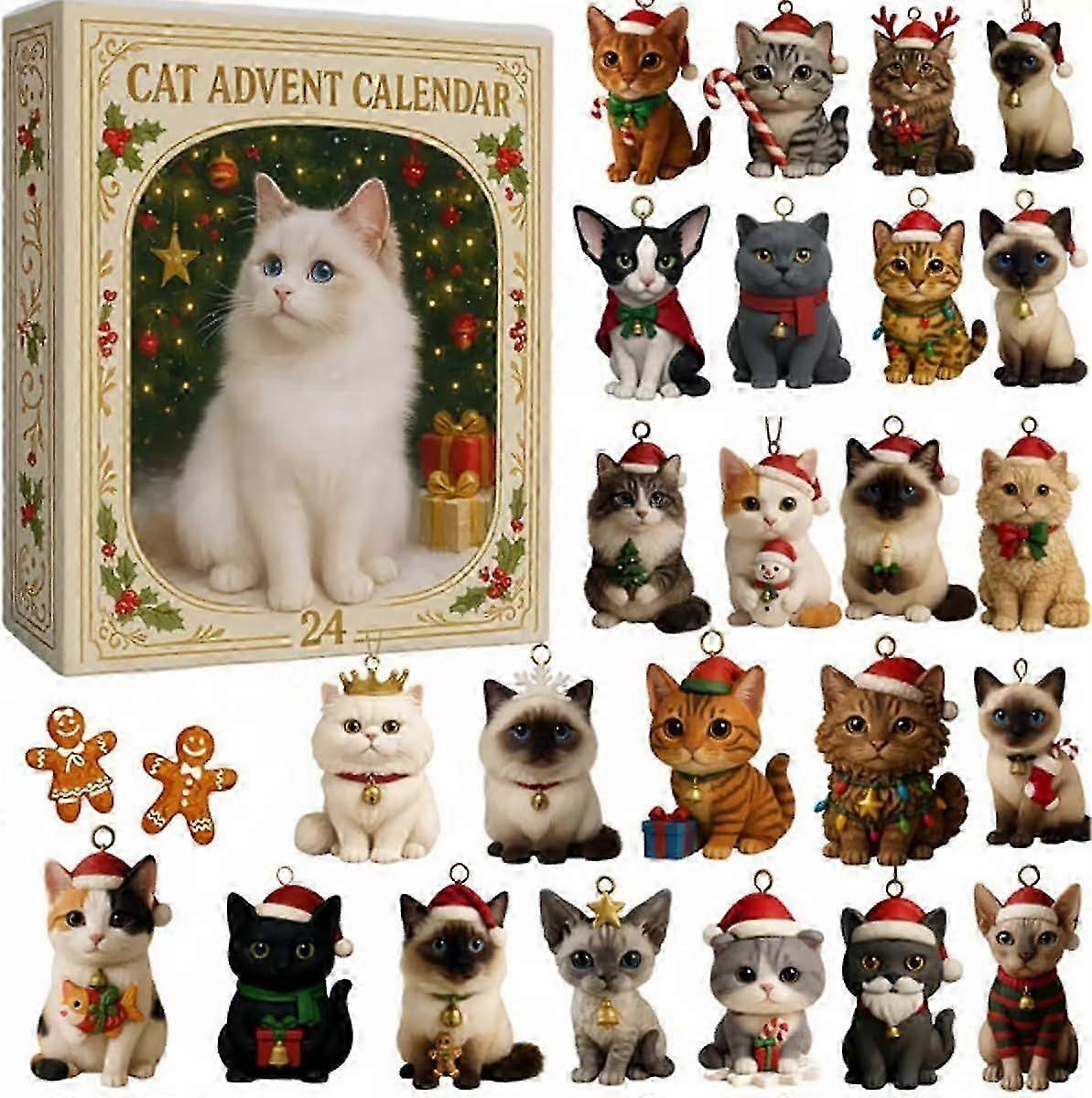Cat Advent Calendar 2025, 24 Days Christmas Countdown with 24 Adorable Realistic 2D Acrylic Ornaments Gift for Cat Lovers