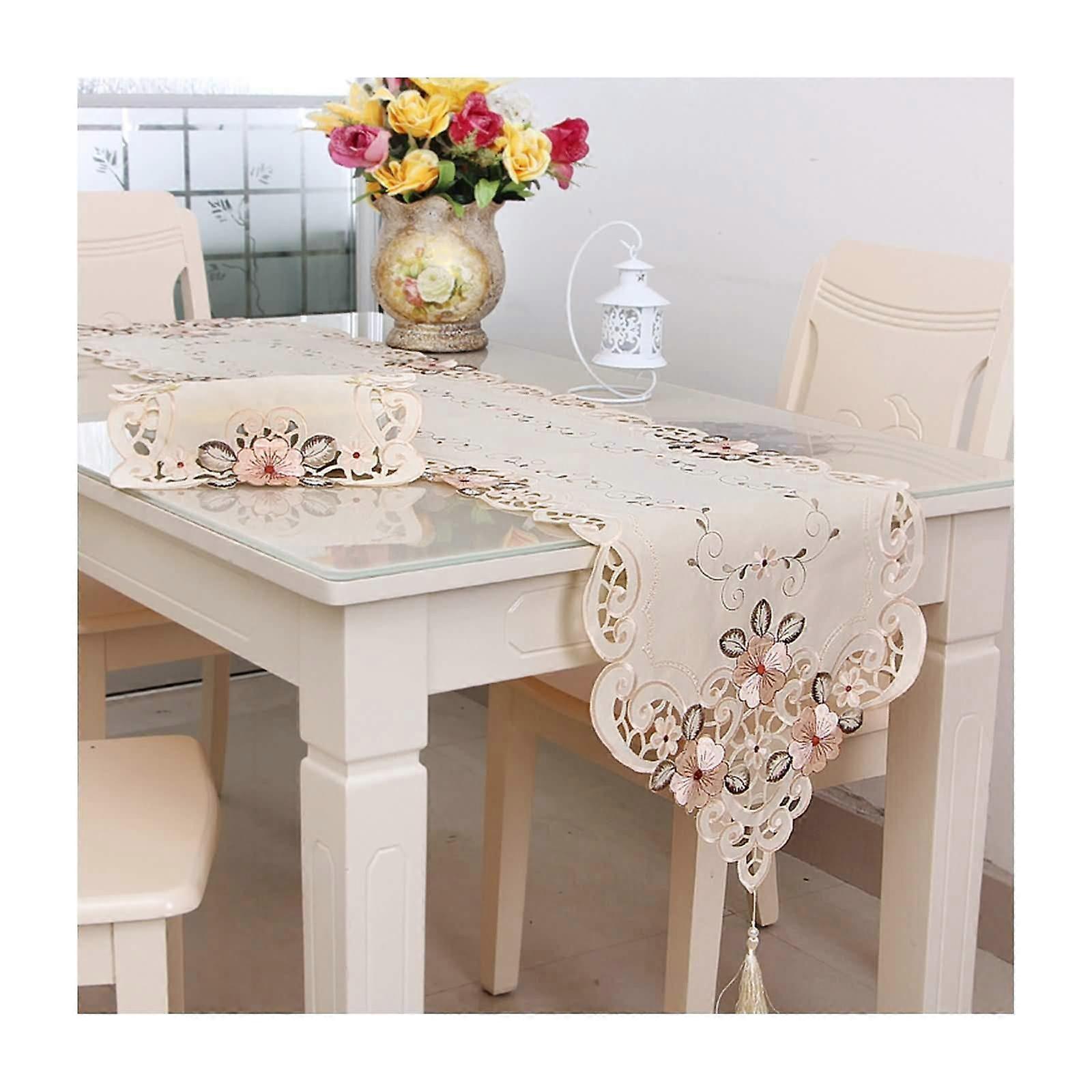 Table Runner Elegant Beige Polyester 40x150 cm Embroidered Flowers With Tassel