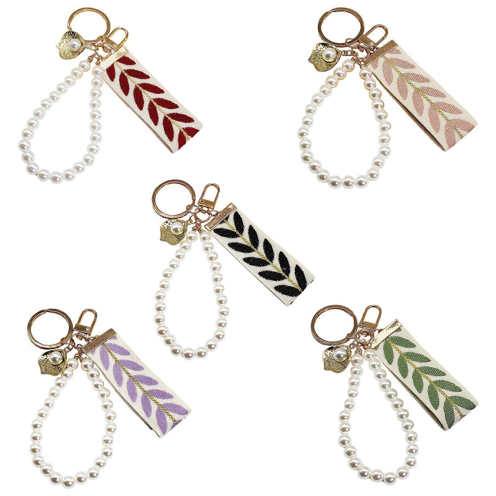 Pack of 5pcs User Friendly Fabric Keychain Leaf Pattern Design Zinc Alloy Key Ring For Convenience Practical Multicolor