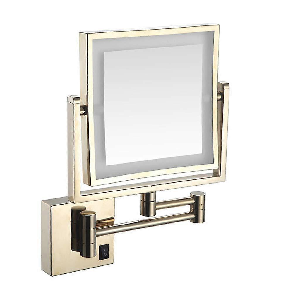 Wall Mounted Makeup Mirror with LED Light, 360° Swivel 3X Magnification, Double Sided Folding Square, Black 8 Inch (Gold)
