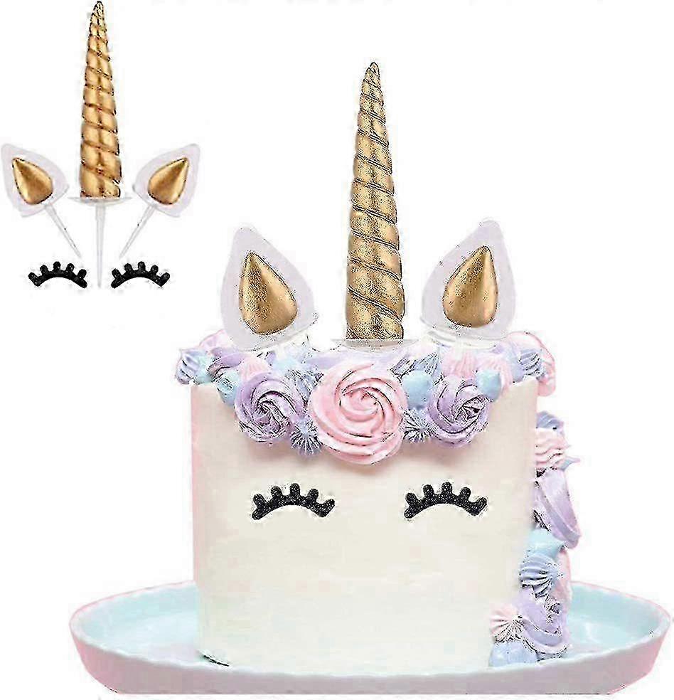w Unicorn Cake Topper, Handmade Gold Unicorn Cake Decoration Reusable Unicorn Horn, Ears And Eyelashes