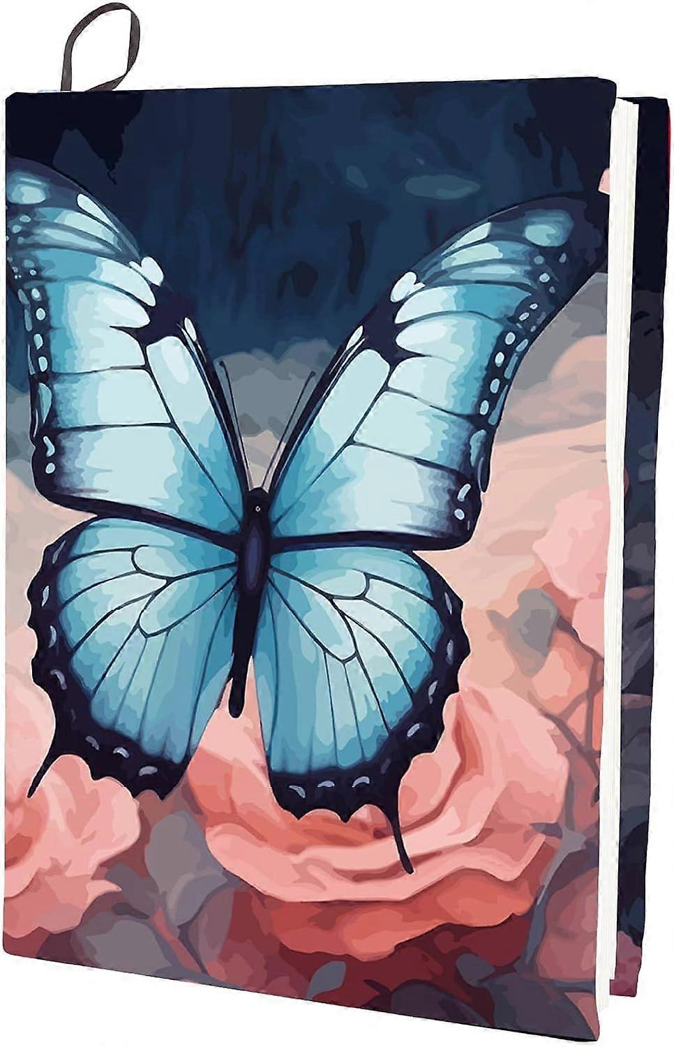 Blue Butterfly Stretchable Book Cover Pink Rose Flower Washable Reusable Large Nylon Polyester Book Protector Elastic Notebook Wraps Suitable for Most