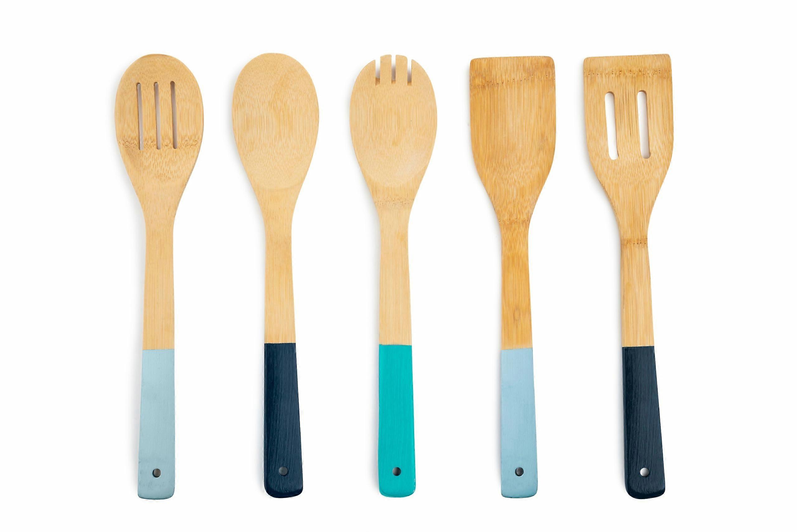 5 Piece Bamboo Kitchen Utensil Set with Heat Resistant Handles for Nonstick Cookware  Iceberg, Key West, Midnight Blue
