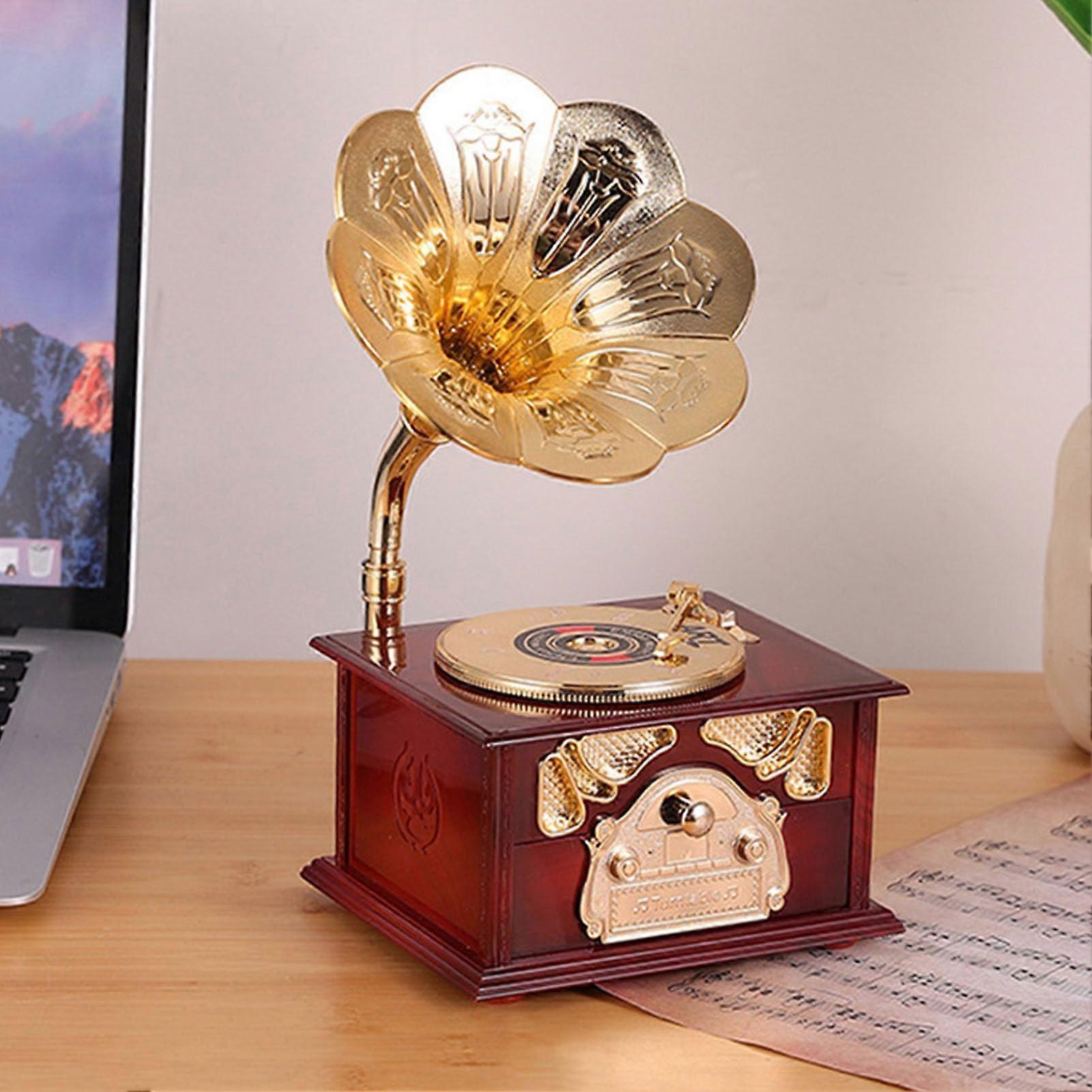 Vintage Gramophone Music Box with Clockwork, Antique Style Tabletop Home Decor in Brown