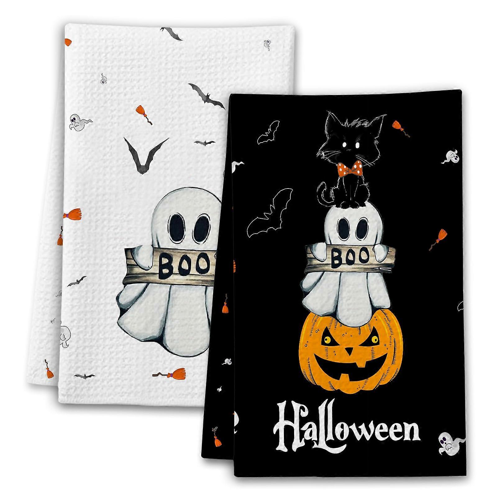 Halloween Kitchen Towels Black and White Ghost Hand Towel Set of 2 Soft Durable Fabric A04 Color 4
