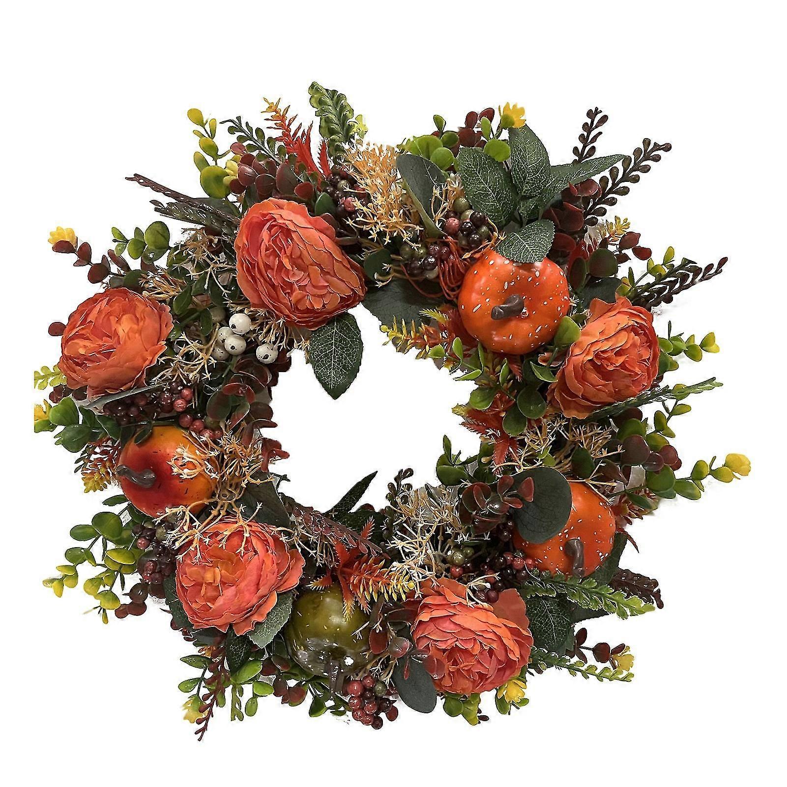 Artificial Garland No Withering Realistic Anti-fade Scene Layout Round Fall Peony And Pumpkin Wreath For Festival