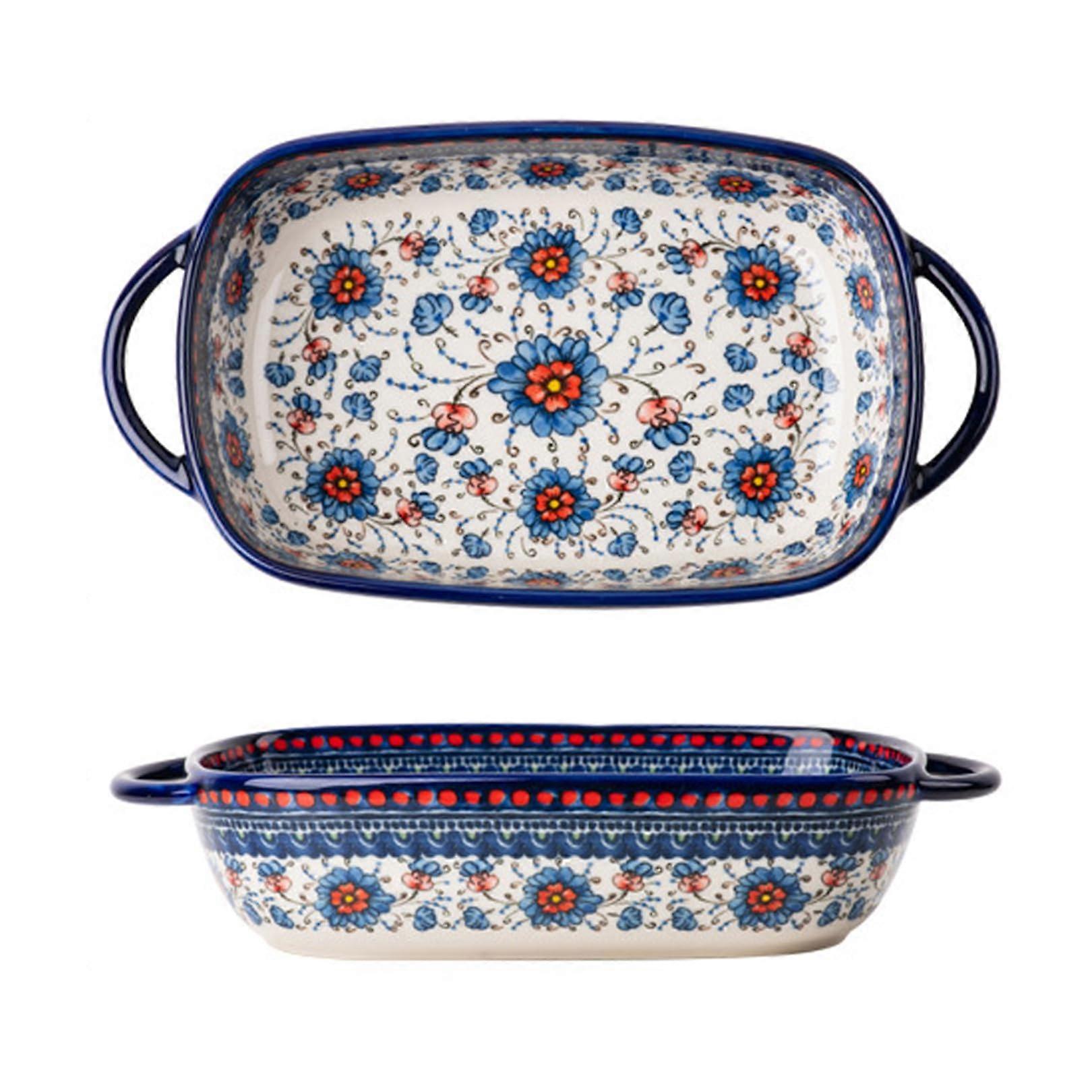 Ceramic Baking Dish with Handles Blue Floral Porcelain Lasagna Pan Oven to Table Rectangular