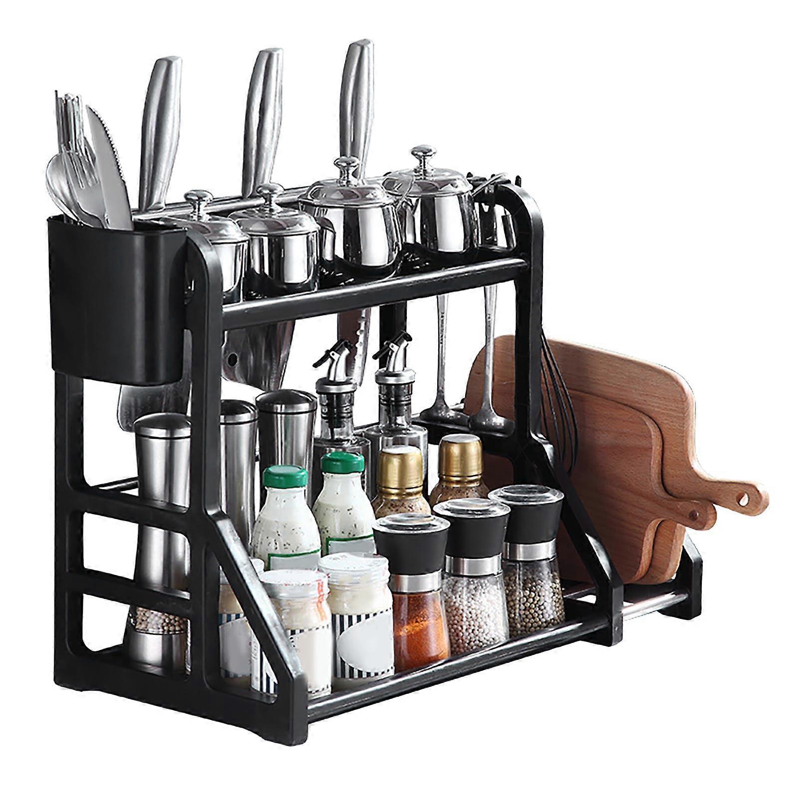 Kitchen Knife Rack and Organizer with Double Layer Spice Shelf, Utensil Holder, SpaceSaving Black