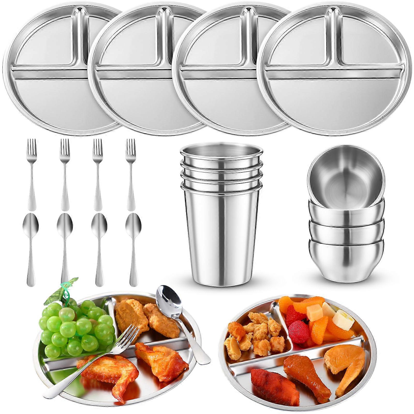 20 Pcs Stainless Steel Tableware Set with Plates Bowls Cups Spoons Forks, RustResistant Camping Dinnerware