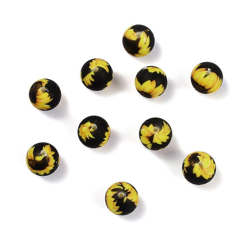 Silicone Beads Round with Sunflower pattern Yellow 15mm Hole: 2mm