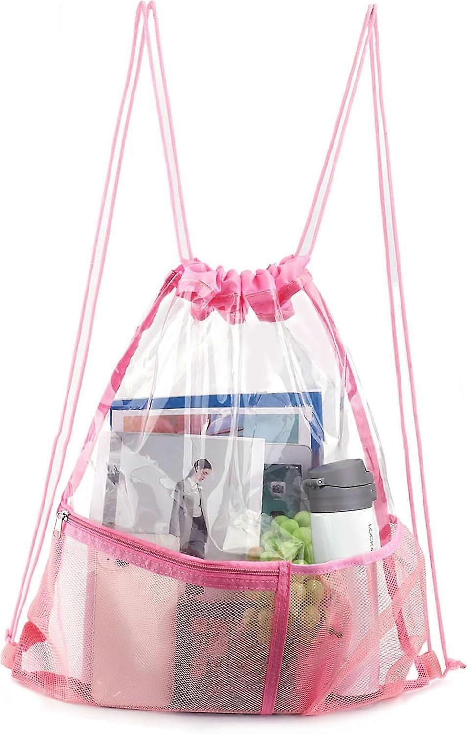 Clear Drawstring Gym Bag with Front Mesh Pocket for Swimming, Beach and Outdoor Fitness