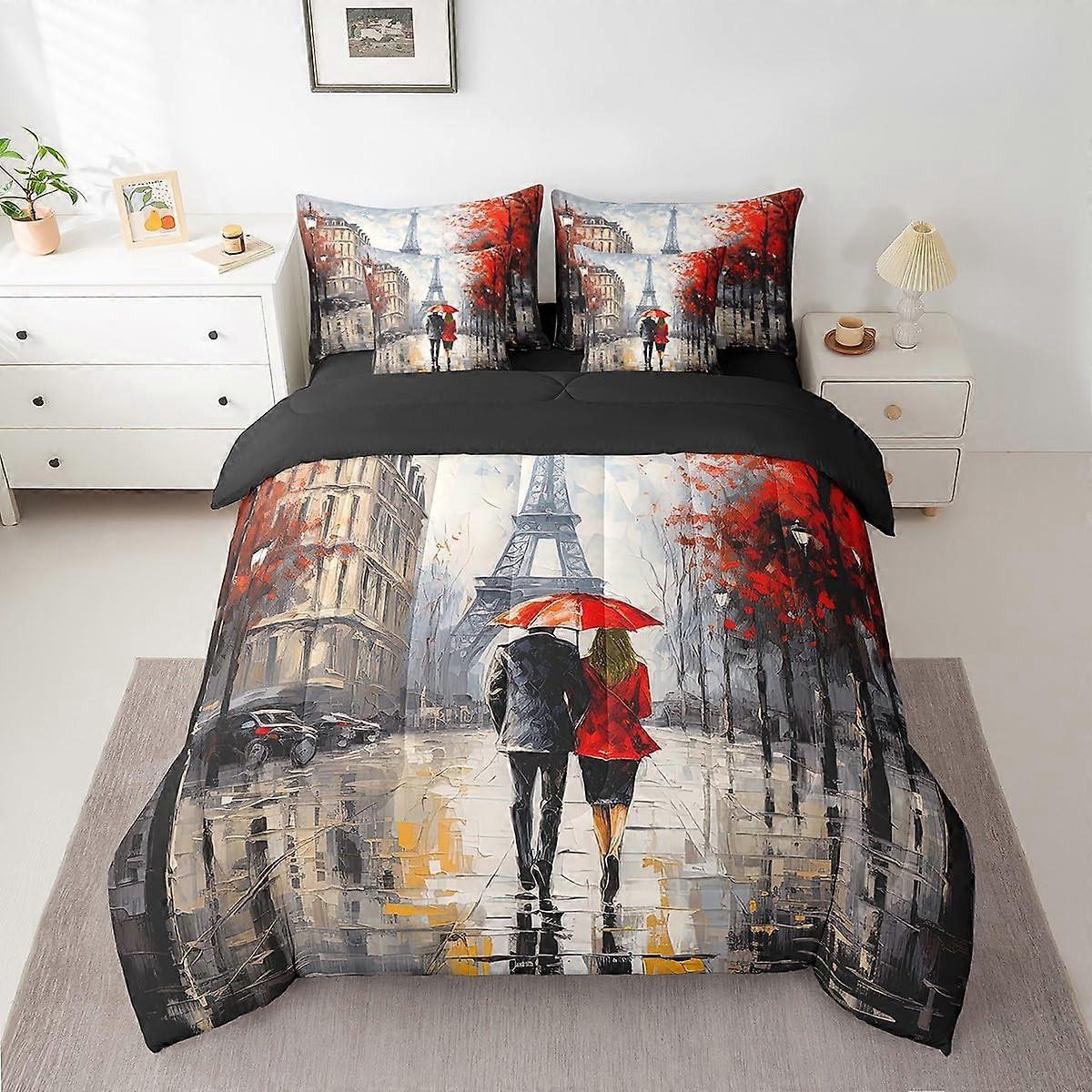 Red Paris Eiffel Tower King Size Bedding Set 7 Piece Comforter with Sheets and Pillowcases